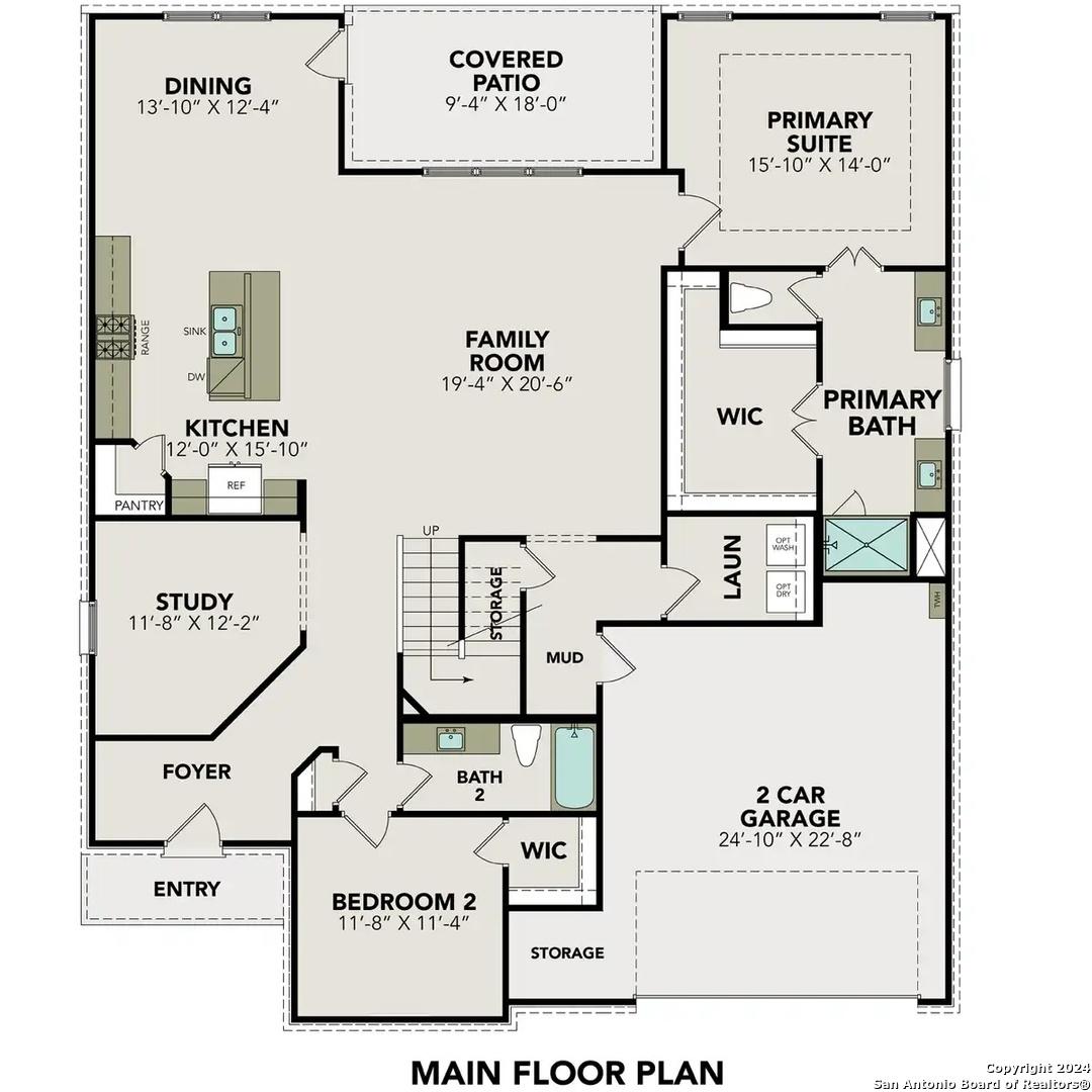 The Jennings G main floor plan: open kitchen, family room, primary suite, 2-car garage in 5-bed Davidson Homes, Ladera, San Antonio