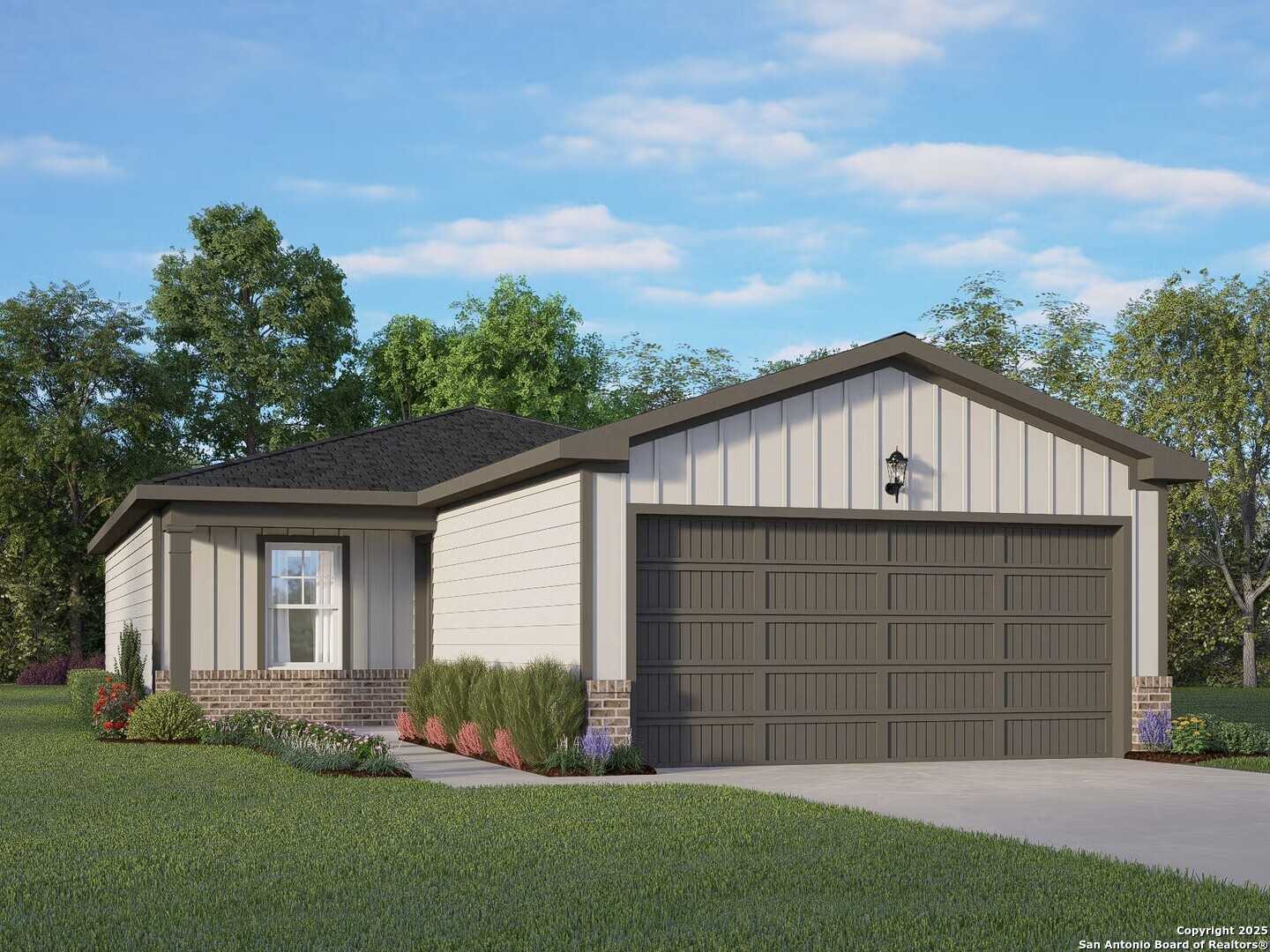 Modern 1-story Comal B home with beige siding, brick accents, 2-car garage, and lush landscaping in Agave, San Antonio, Texas