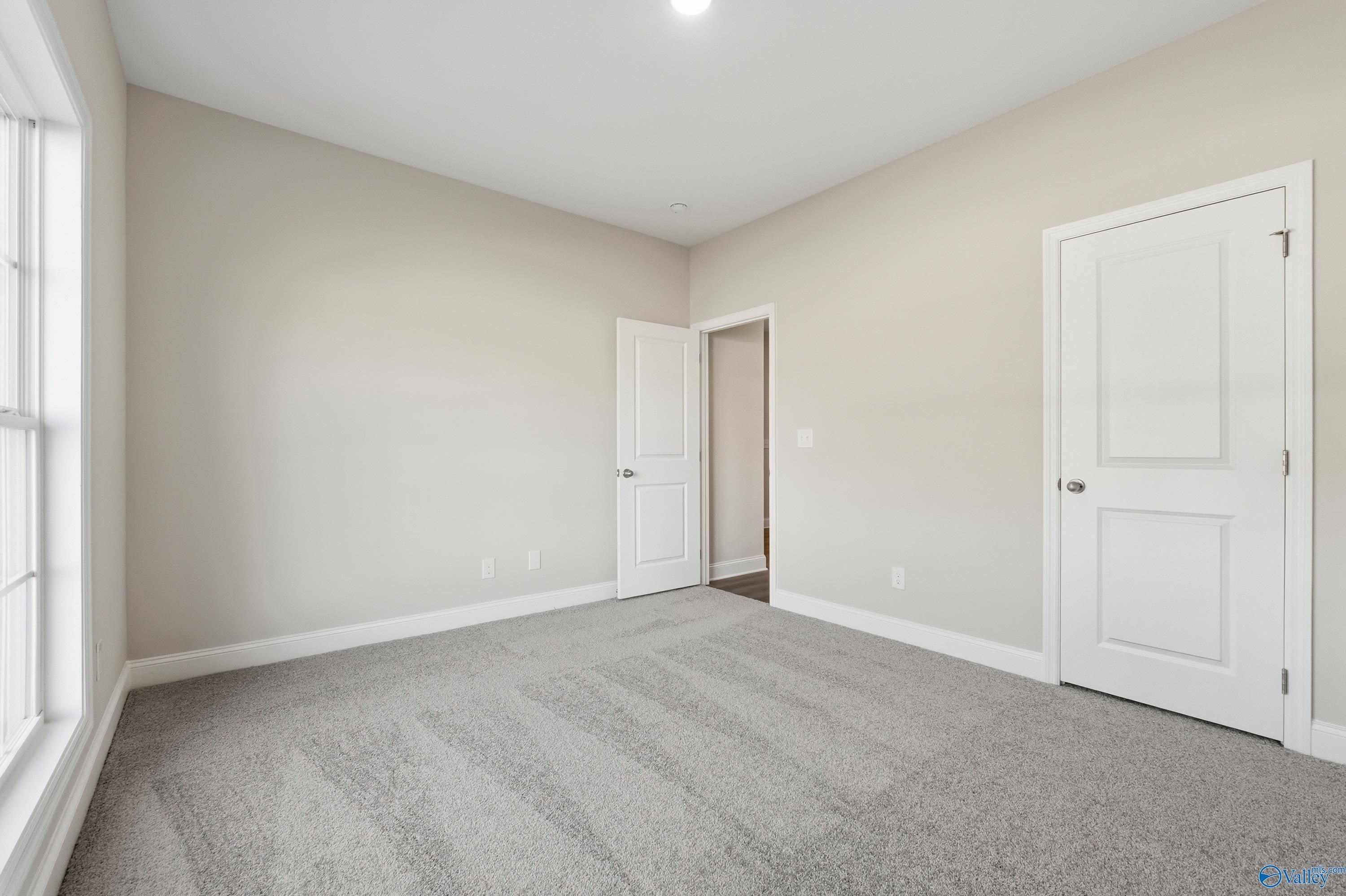 Spacious empty bedroom with beige walls, gray carpet, large window, and double doors in Davidson Homes The Daphne C, Arab, Alabama