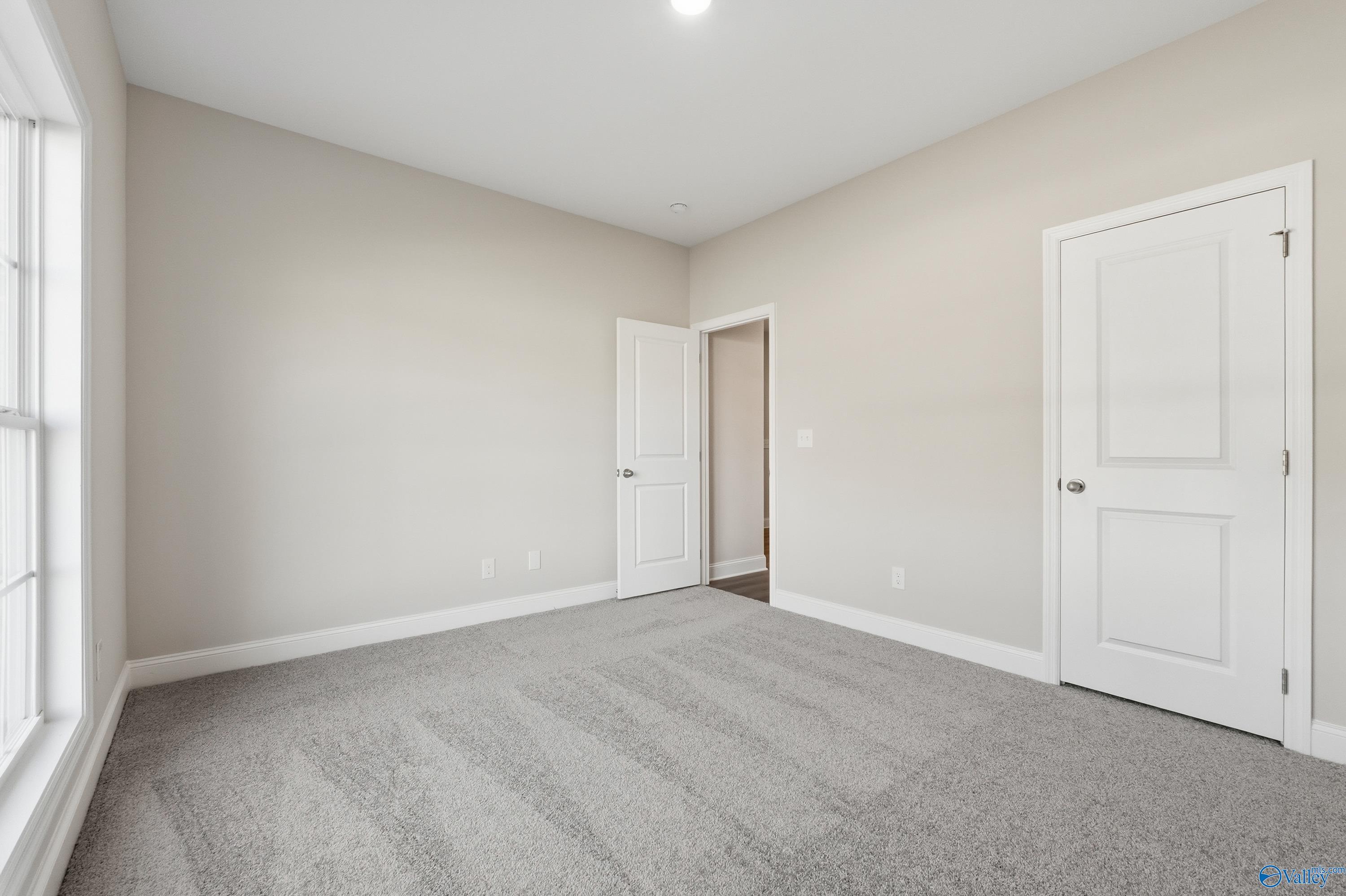 Spacious empty bedroom with beige walls, gray carpet, large window, and double doors in Davidson Homes The Daphne C, Arab, Alabama
