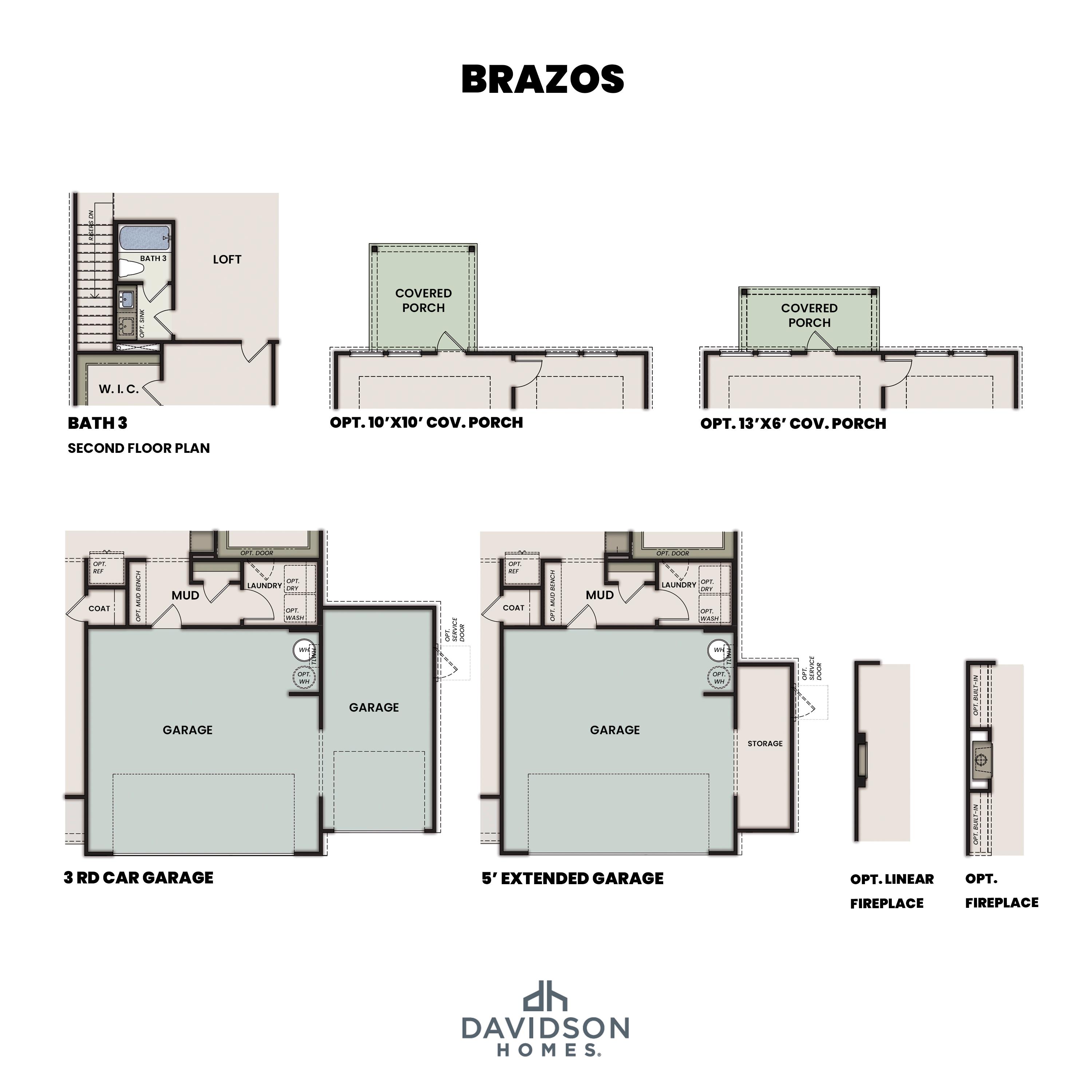 The Brazos home optional floor plans: covered patio, loft with bath, optional bath 3, 2-car garage extensions