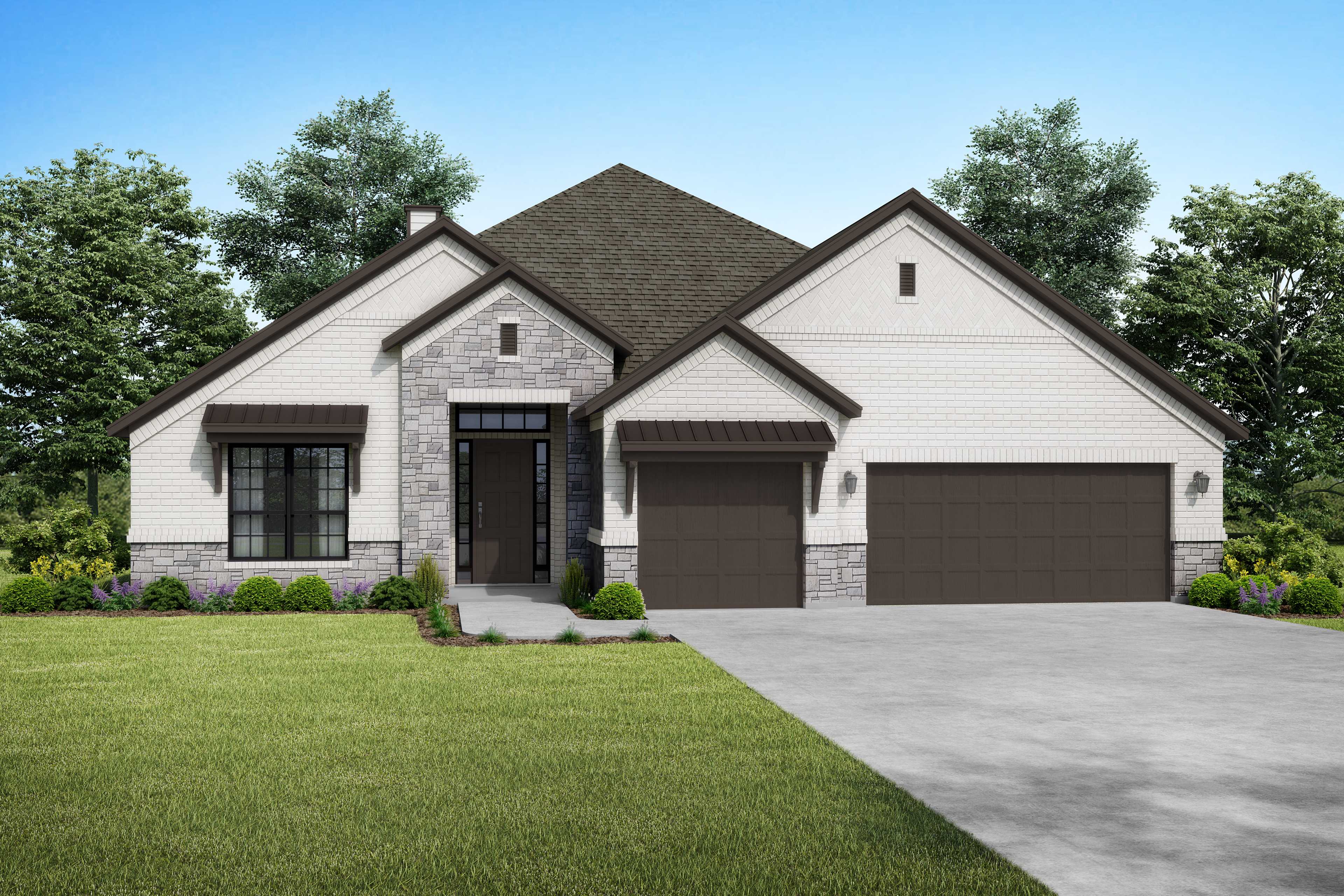 The Garner B single-story home elevation by Davidson Homes in San Antonio: white siding, stone accents, 3-car garage, lush green lawn