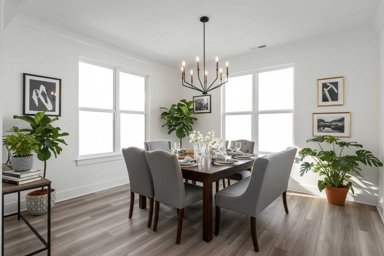 Elegant dining room with wooden table, upholstered chairs, chandelier, plants, and large windows in The Hathaway by Davidson Homes, Murfreesboro, TN