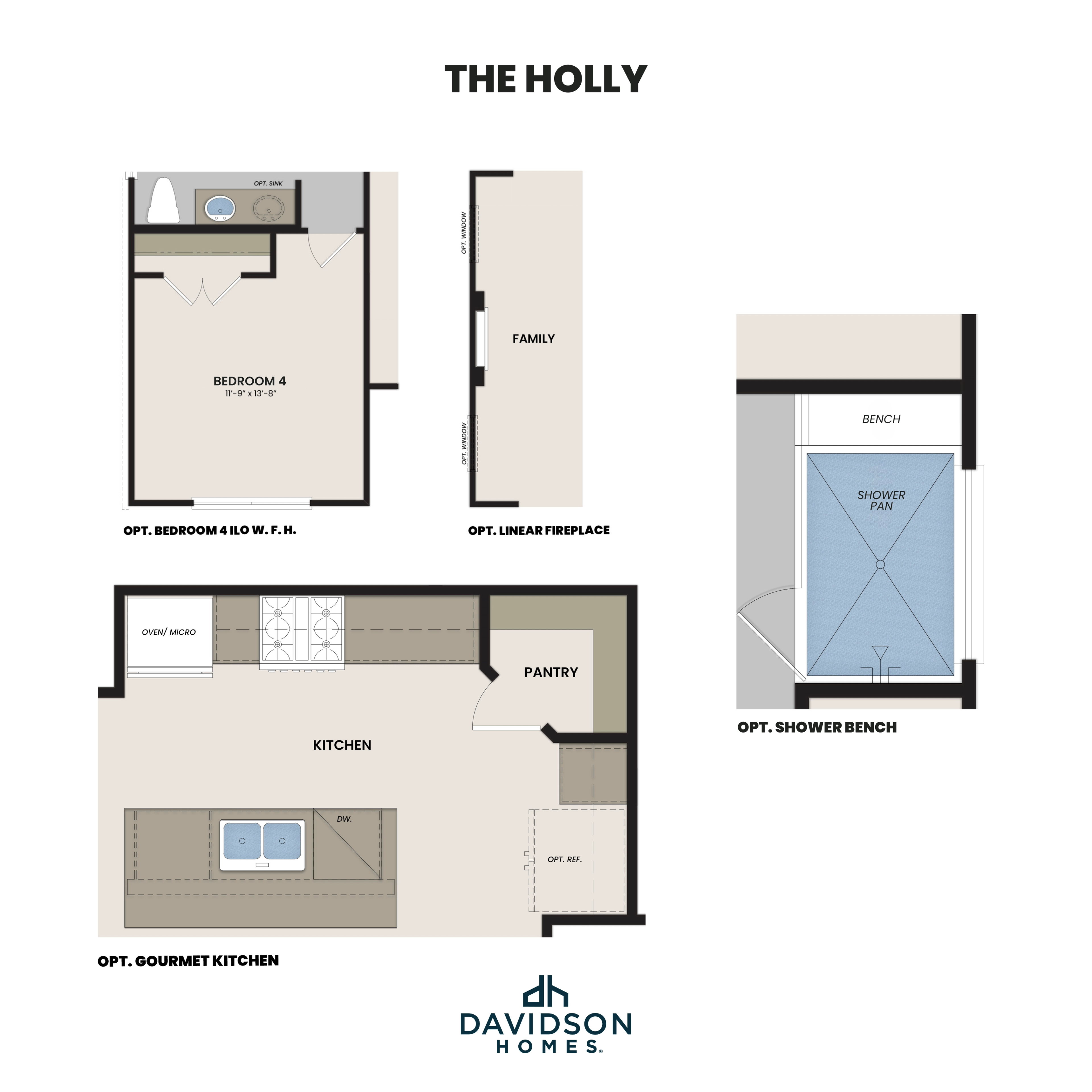 The Holly floor plan by Davidson Homes showcasing optional gourmet kitchen, bedroom 4, family room with linear fireplace, and shower bench