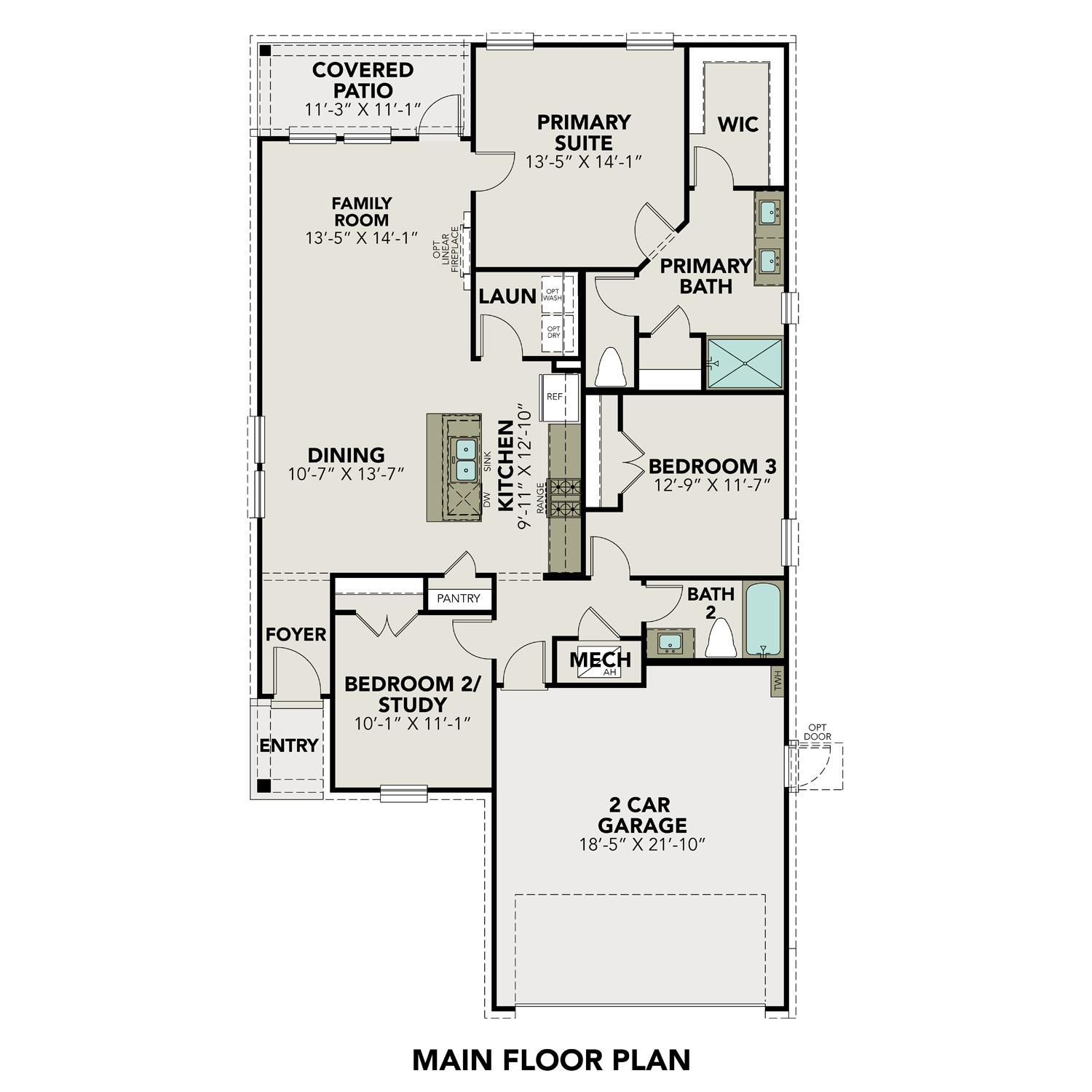 Floor plan of The Costa B 3-bedroom single-family home with primary suite, open kitchen-dining, and 3-car garage by Davidson Homes