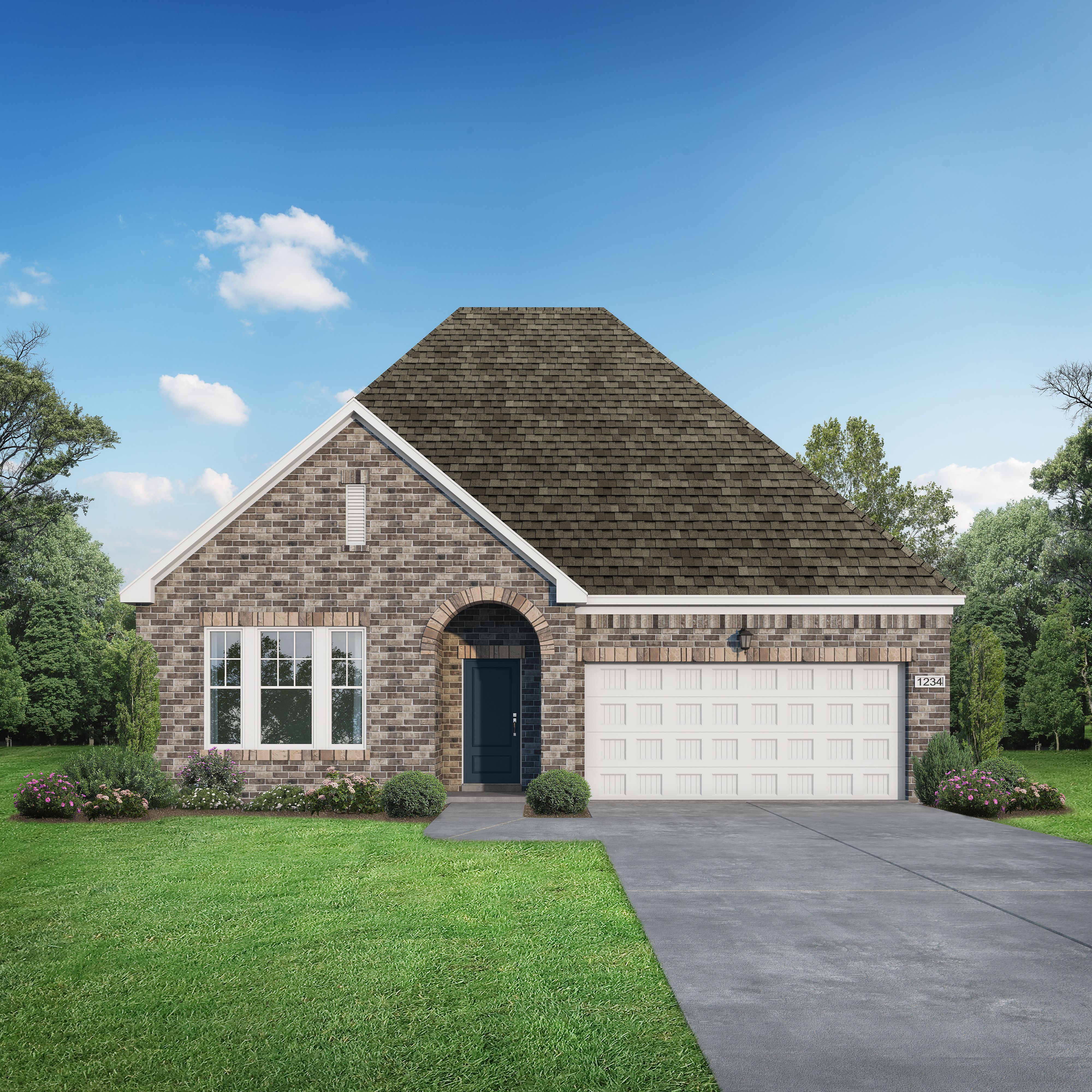 Modern brick exterior of The Laurel O single-story home with gabled shingle roof, 2-car garage, and landscaped yard in Royse City