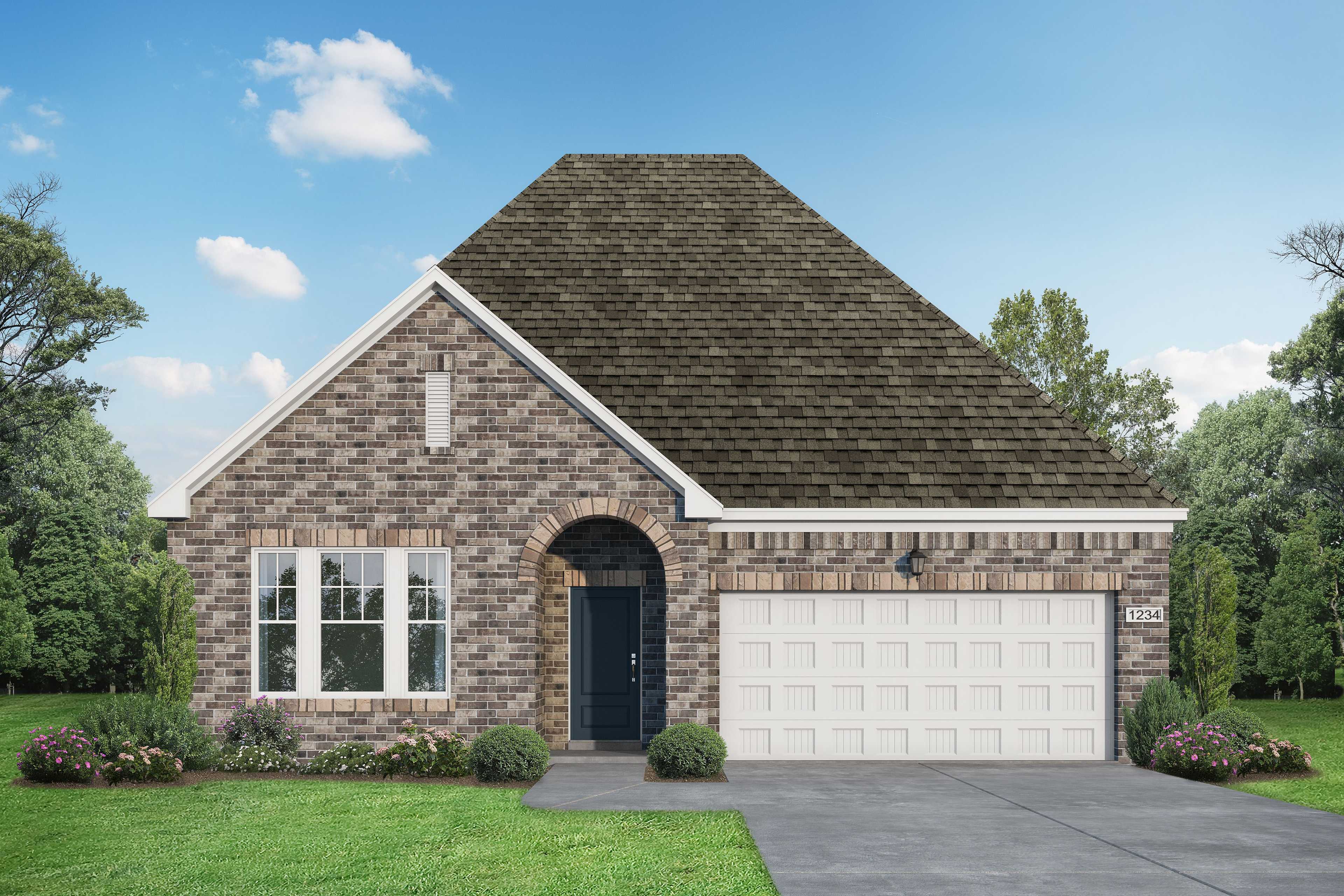 Modern brick exterior of The Laurel O single-story home with gabled shingle roof, 2-car garage, and landscaped yard in Royse City