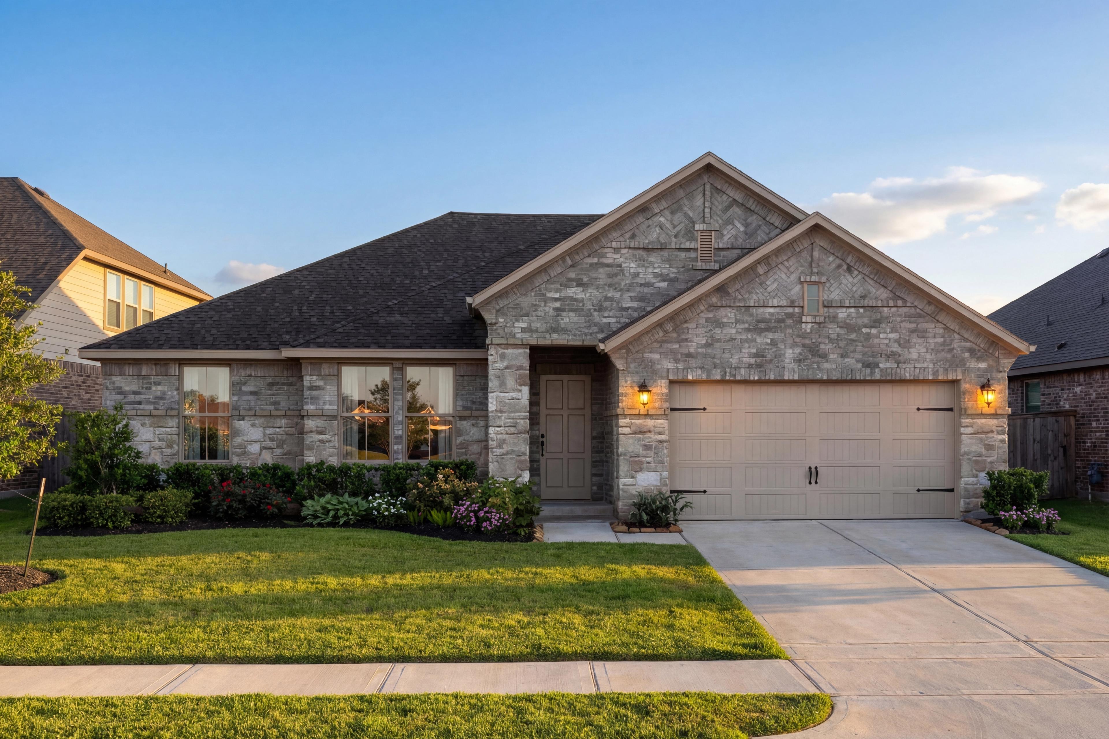 Modern stone and brick facade of The Diana B single-story home with gabled roof, 2-car garage, and landscaped yard in Rosharon, Texas