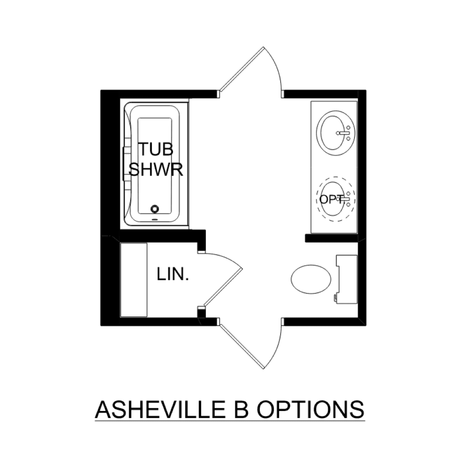 Master bathroom floor plan in The Asheville B with separate tub, walk-in shower, vanity, toilet, and linen closet