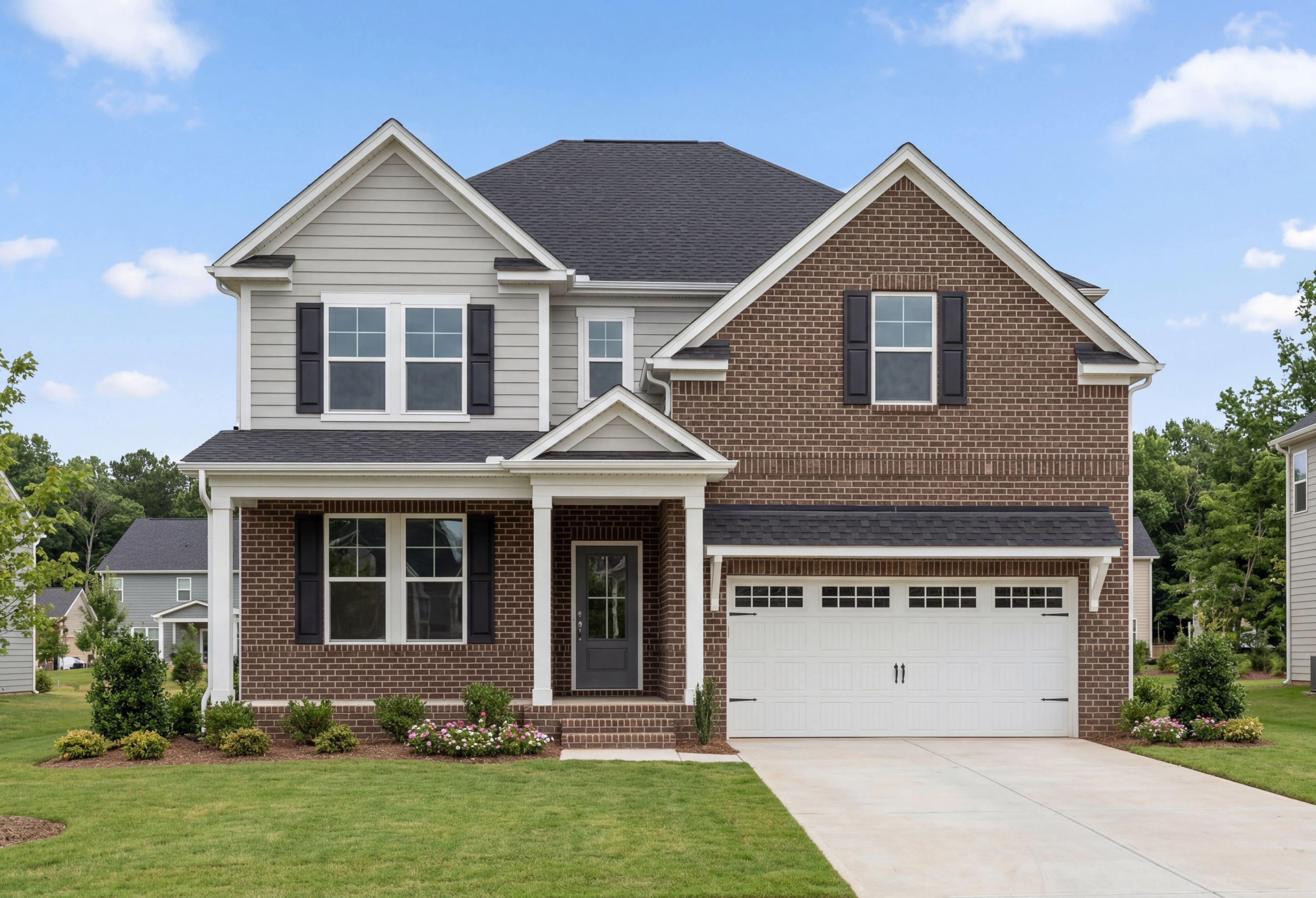 Two-story Hemlock F home elevation with brick and siding facade, covered front porch, two-car garage, and landscaped yard in Belmont NC