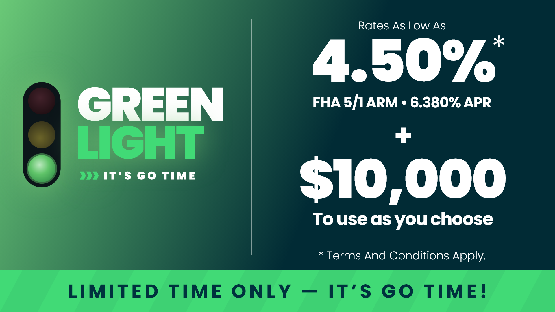 Green Light promotion graphic: rates as low as 4.50% FHA 5/1 ARM plus $10,000 flex cash on San Antonio new homes