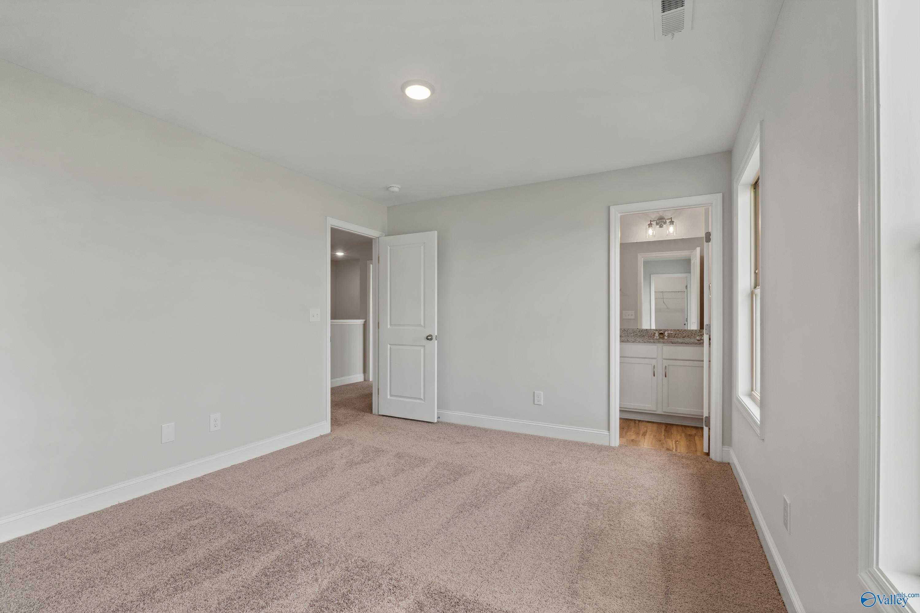 Bright master bedroom suite with en-suite bathroom, vanity, mirror, and window in Davidson Homes The Chelsea C, Harvest AL