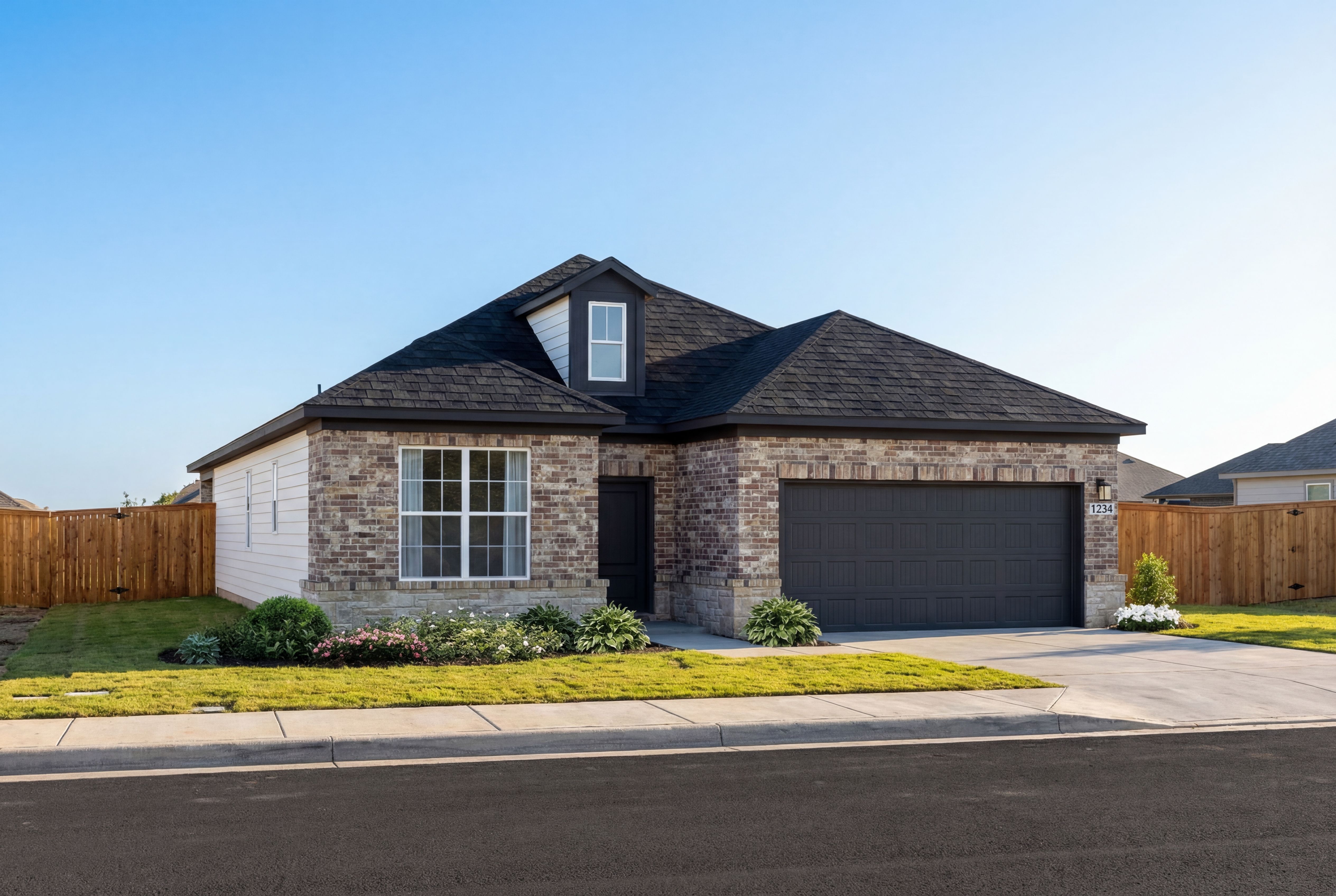 Modern single-story Everett C home with brick accents, dark shingle roof, 3-car garage, and landscaped yard in Dayton TX