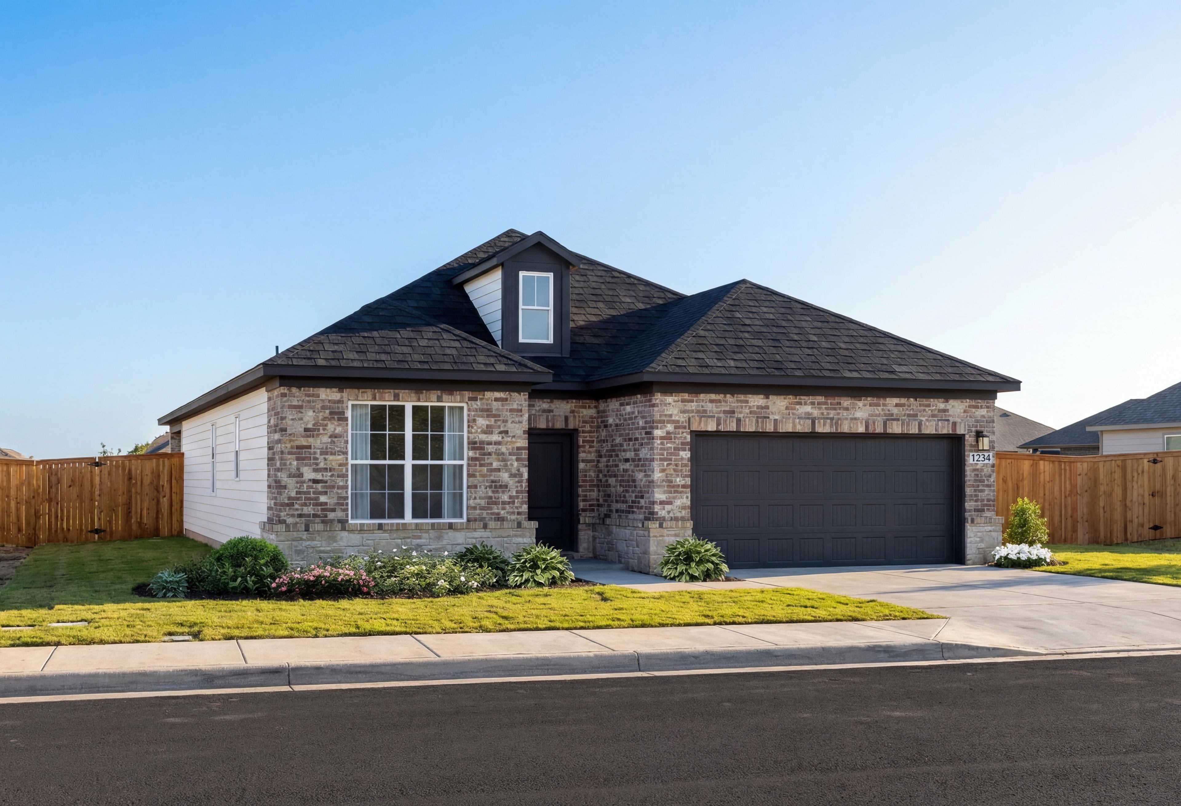 Modern single-story Everett C home with brick accents, dark shingle roof, 3-car garage, and landscaped yard in Dayton TX