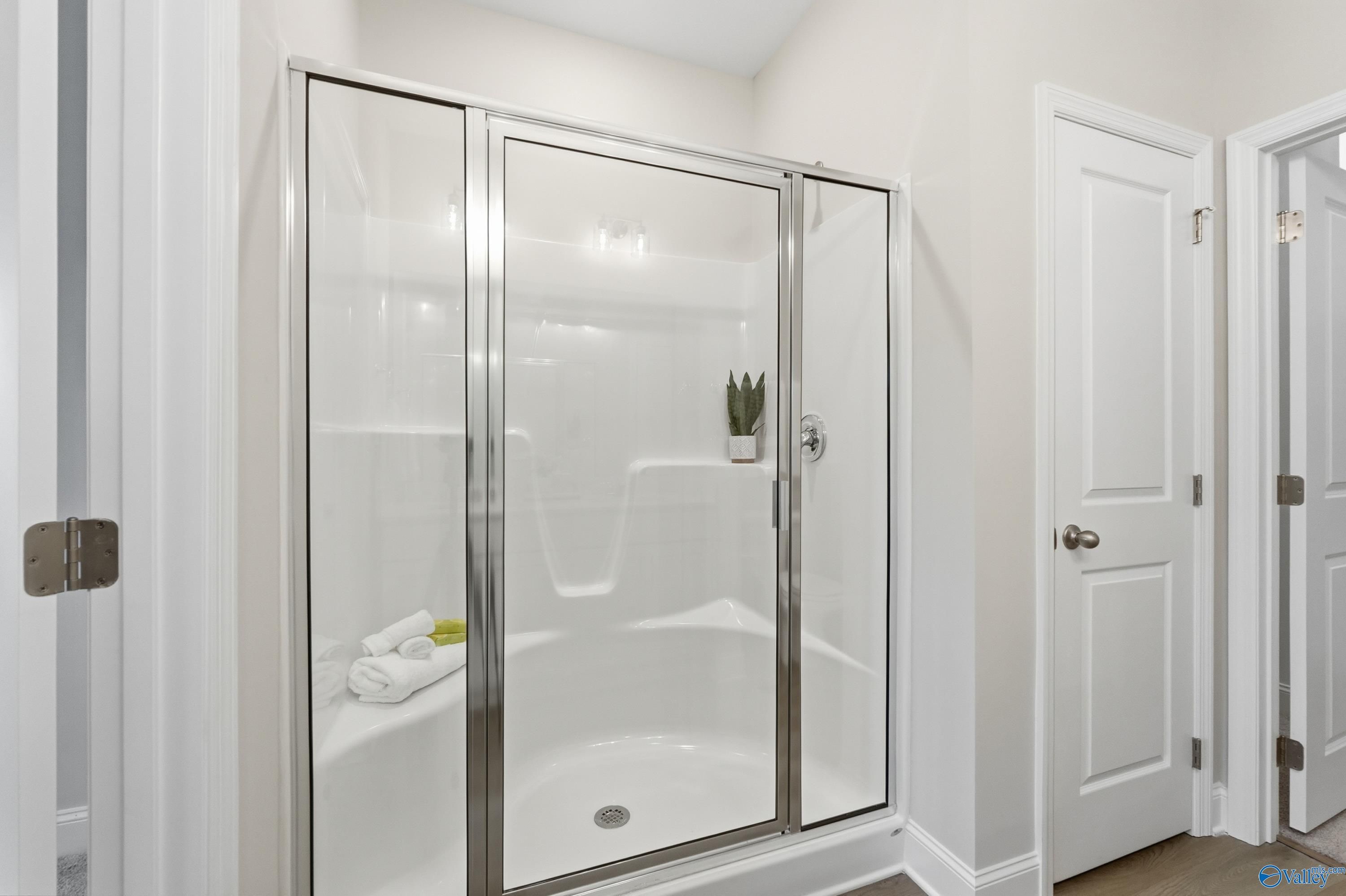 Modern walk-in shower with sliding glass doors, white tile surround, towels, and succulent plant in The Asheville master bath by Davidson Homes, Toney AL