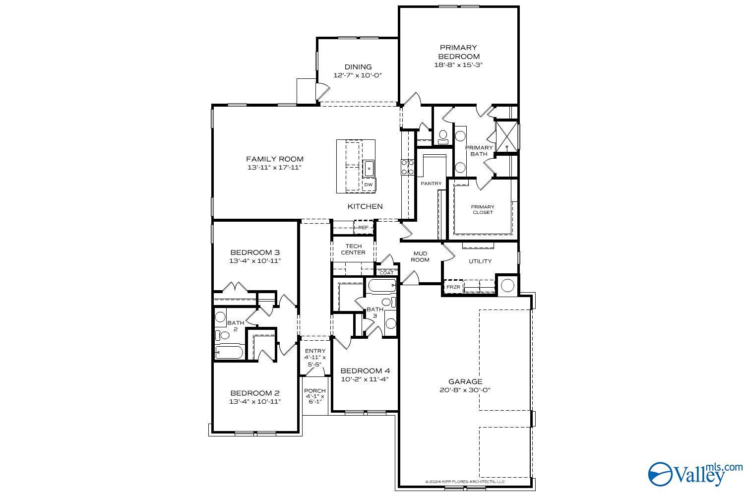 Floor plan of The Arcadia B: 4-bed, 3-bath, 2,581 sq ft single-story home with 3-car garage by Davidson Homes in Riverton Preserve, Huntsville, AL