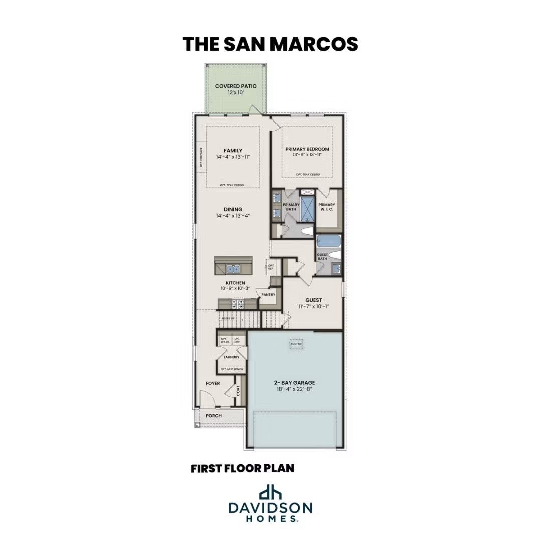 First floor plan of The San Marcos E by Davidson Homes featuring an open layout, primary suite, and 2-car garage.