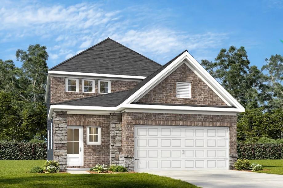 Two-story brick and stone exterior with 2-car garage in Davidson Homes' The Summit H plan at Greene Farm, Cartersville, Georgia