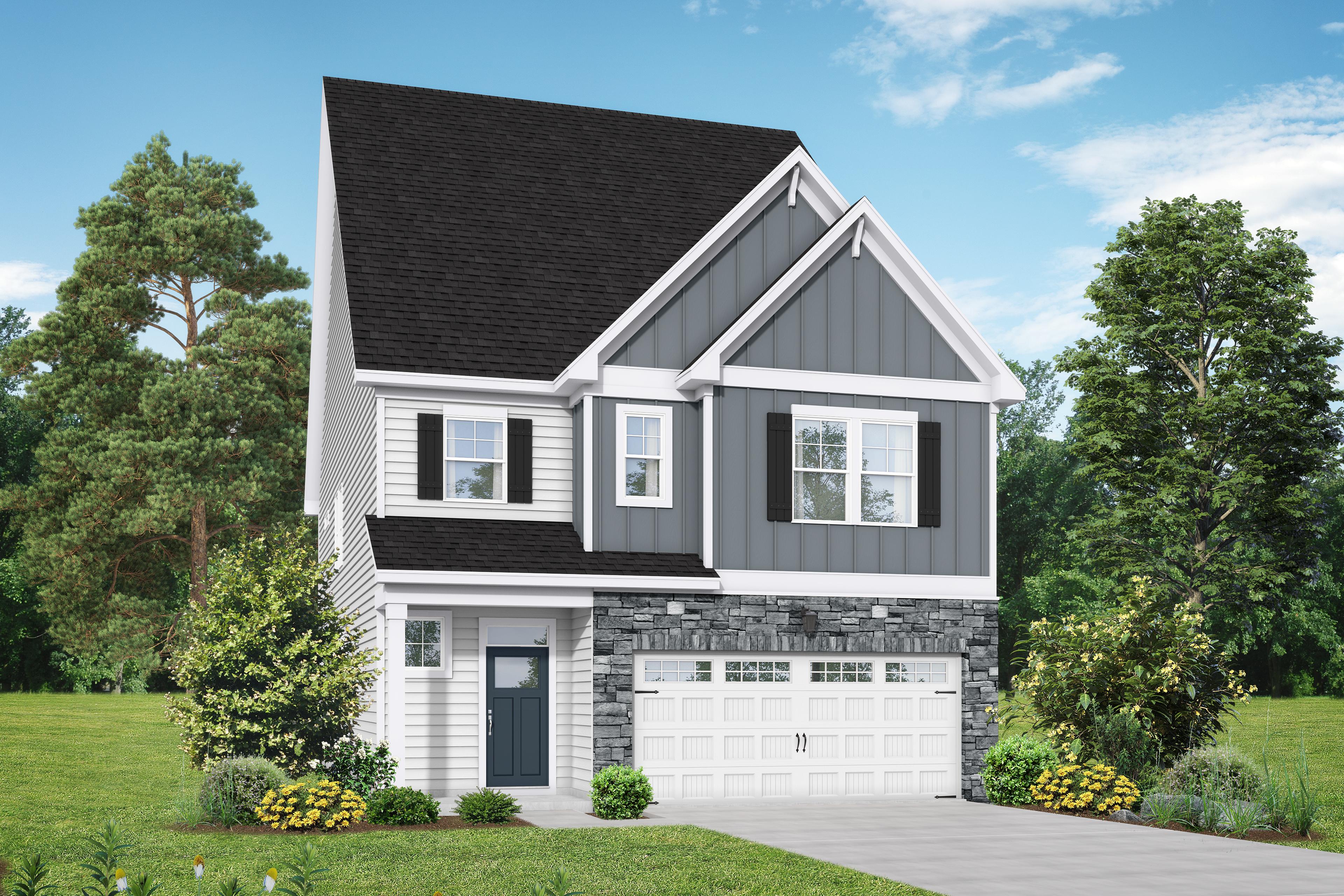 Modern 2-story The Adalynn C home elevation with gray board-and-batten siding, stone base, 2-car garage, and lush landscaping in Lillington NC