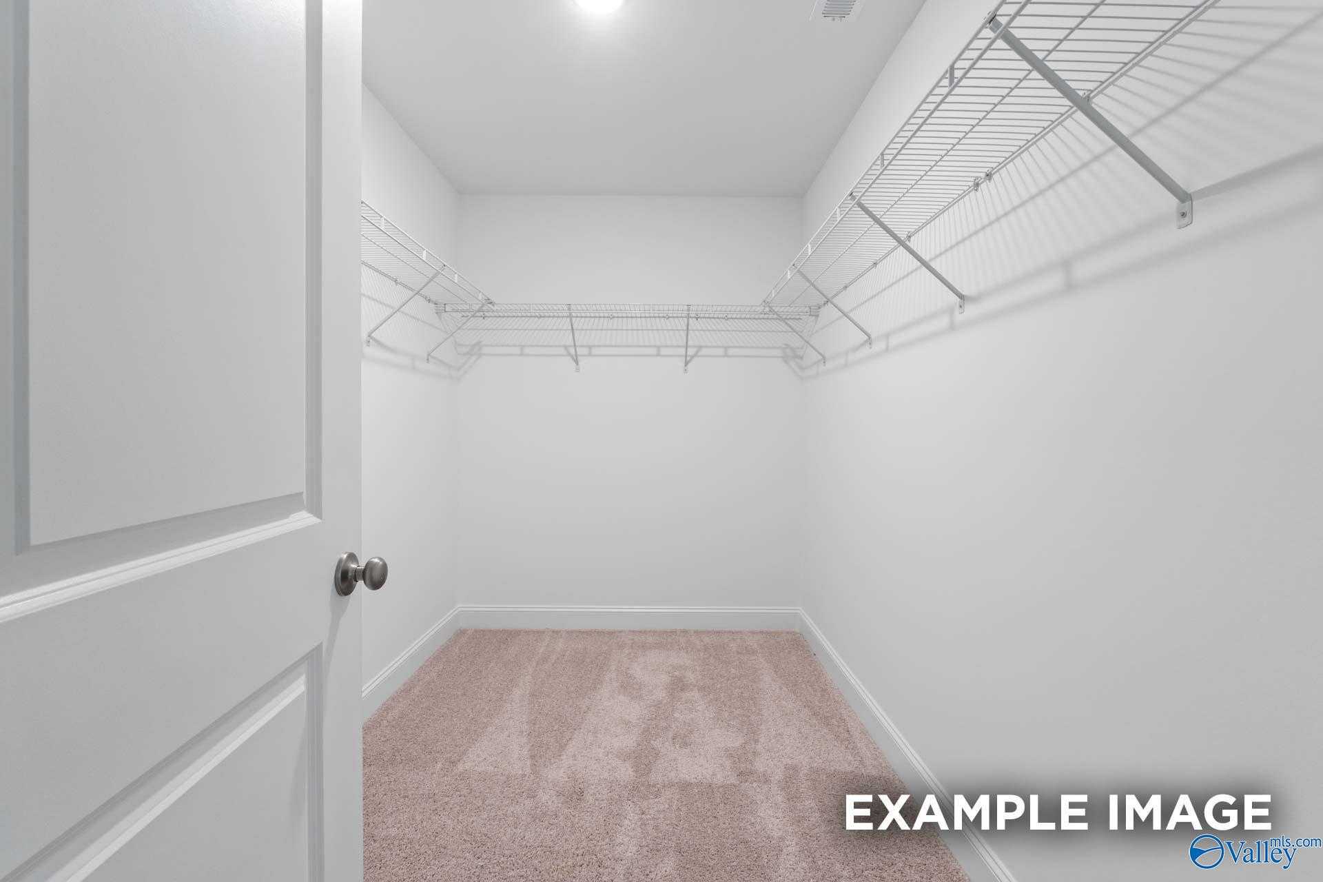 Spacious walk-in closet with wire shelving, hanging rods, and beige carpet in The Camden C by Davidson Homes, Pavilion, Huntsville, Alabama