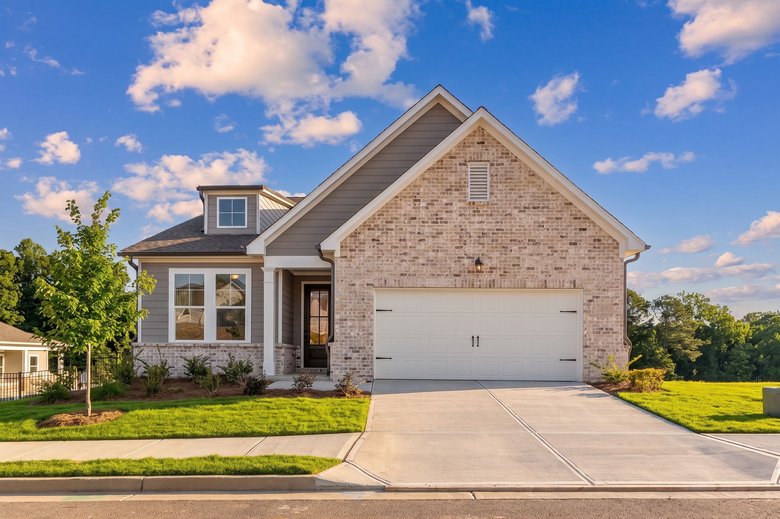 Davidson Homes exterior at Kelly Preserve in Loganville, Georgia featuring brick siding and a two-car garage.