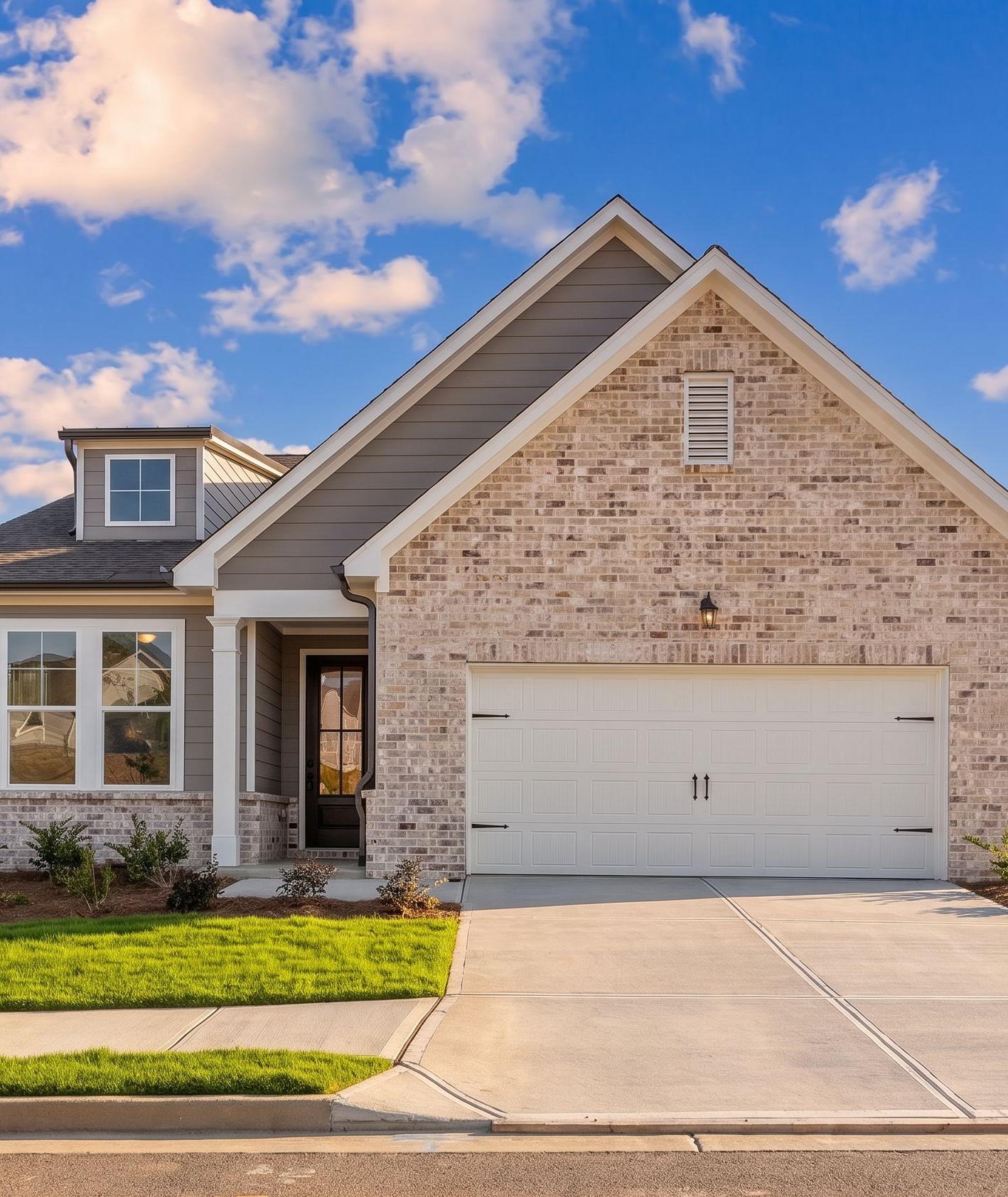 Davidson Homes exterior at Kelly Preserve in Loganville, Georgia featuring brick siding and a two-car garage.