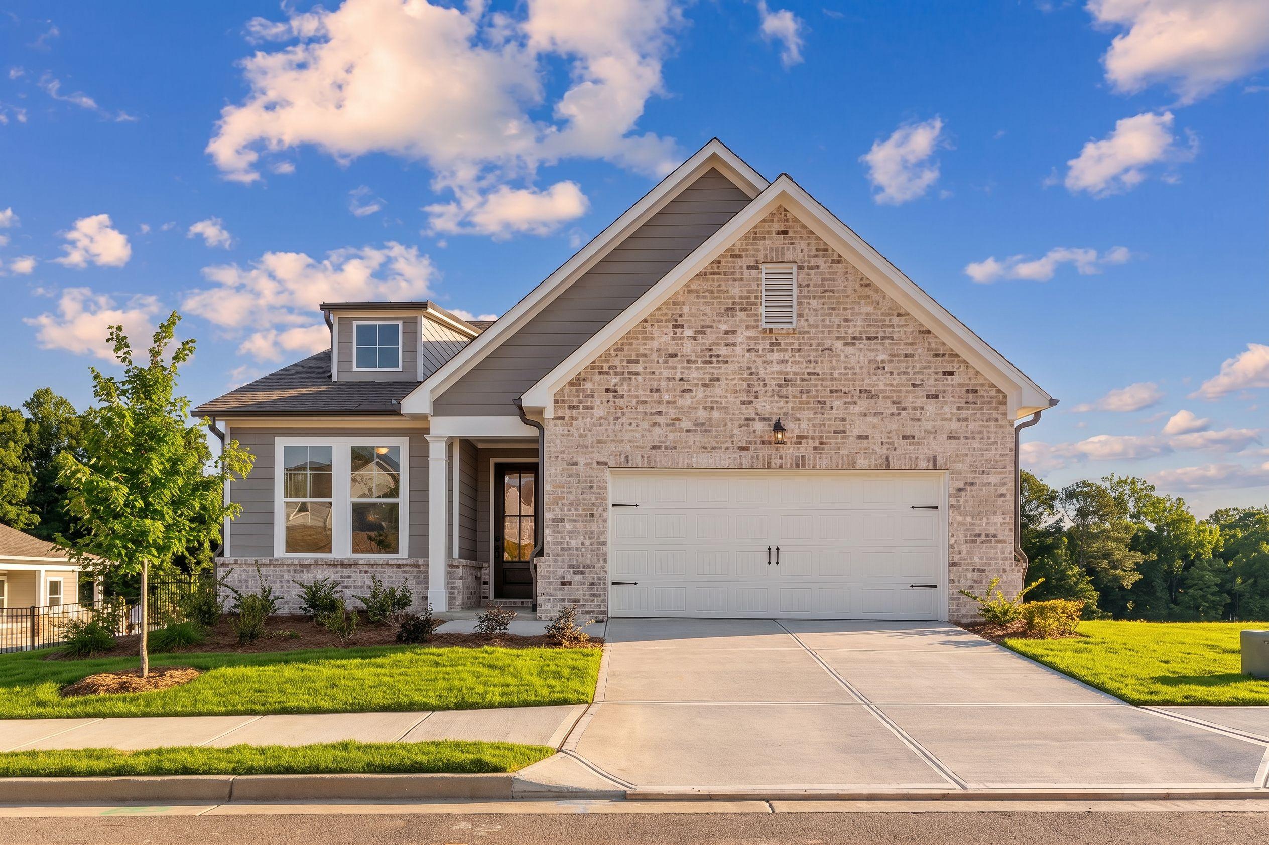 Davidson Homes exterior at Kelly Preserve in Loganville, Georgia featuring brick siding and a two-car garage.