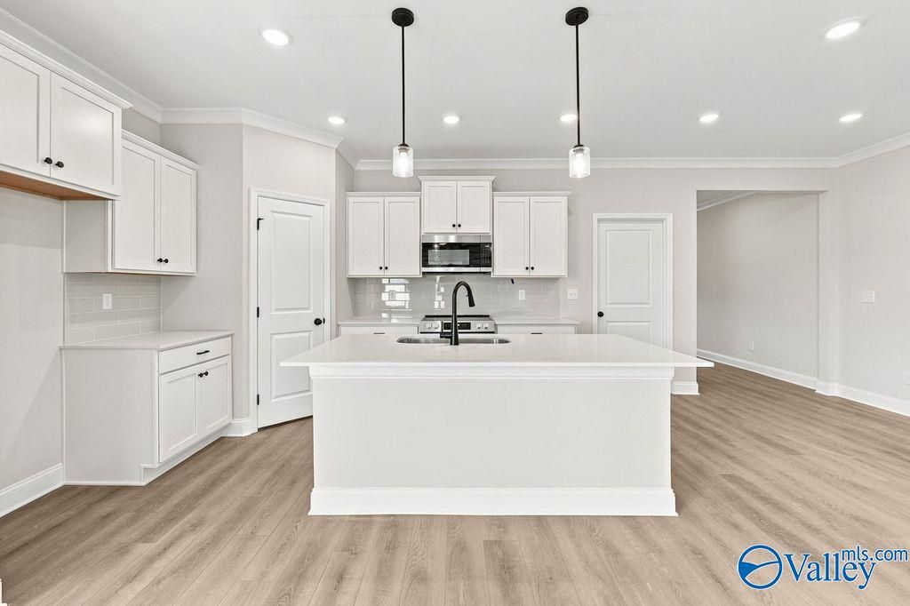 Modern white kitchen with island, pendant lighting, and wood floors in The Camilla B floor plan at The Retreat, Hartselle.