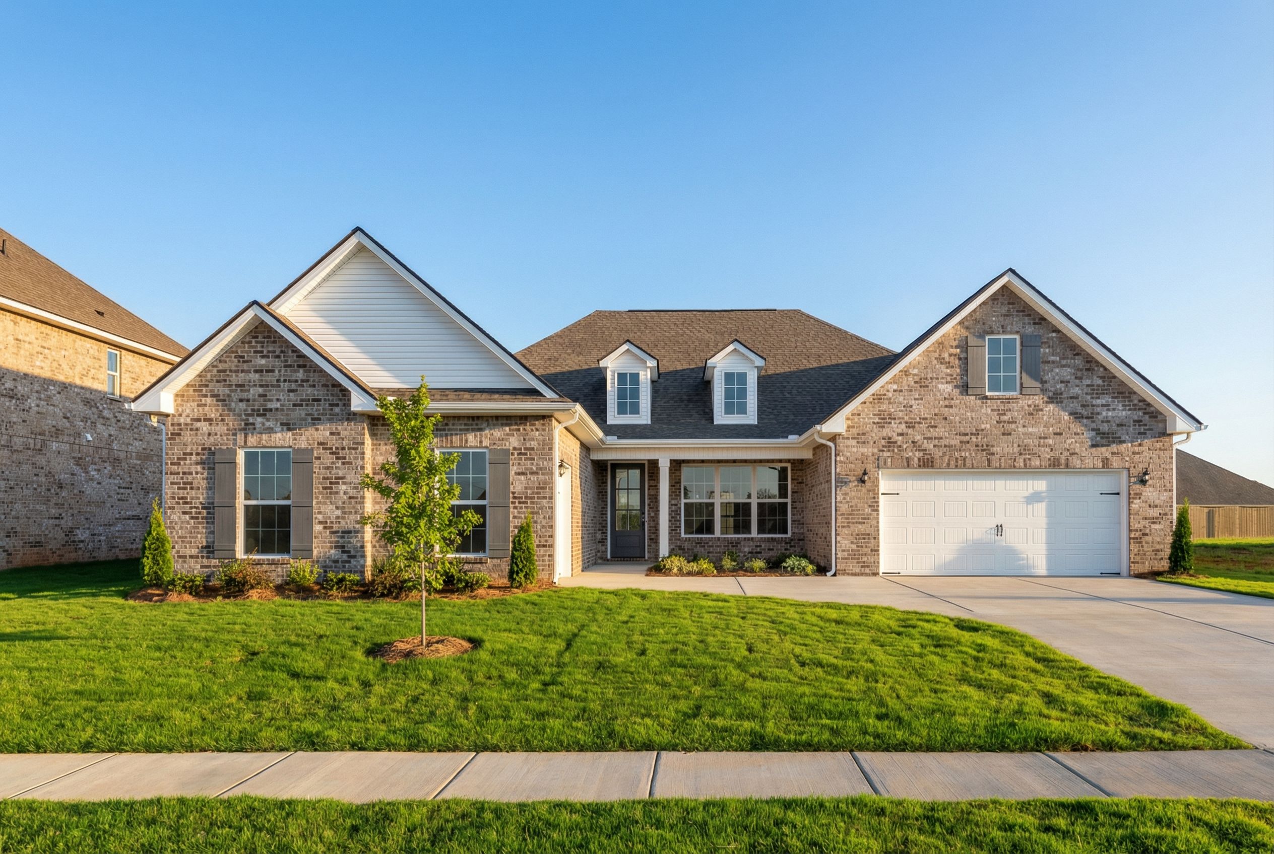 Modern brick and siding exterior of The Valencia 4-bedroom single-story home with 3-car garage and lush front lawn in Meridianville