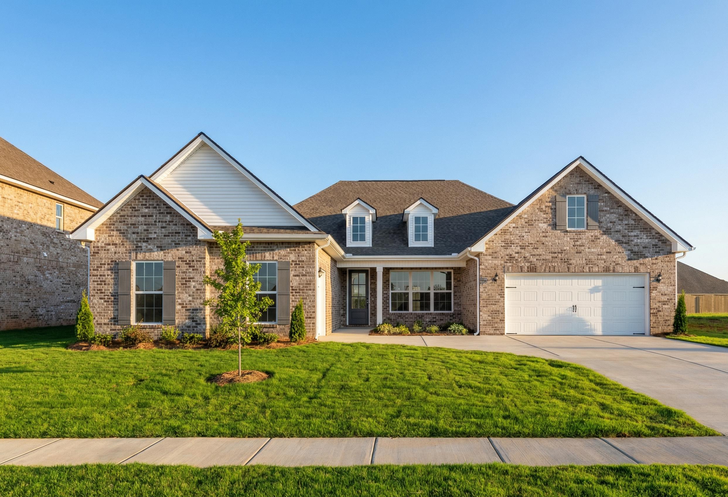 Two-story brick and siding exterior of The Valencia home by Davidson Homes in Toney, Alabama, with three-car garage and manicured lawn