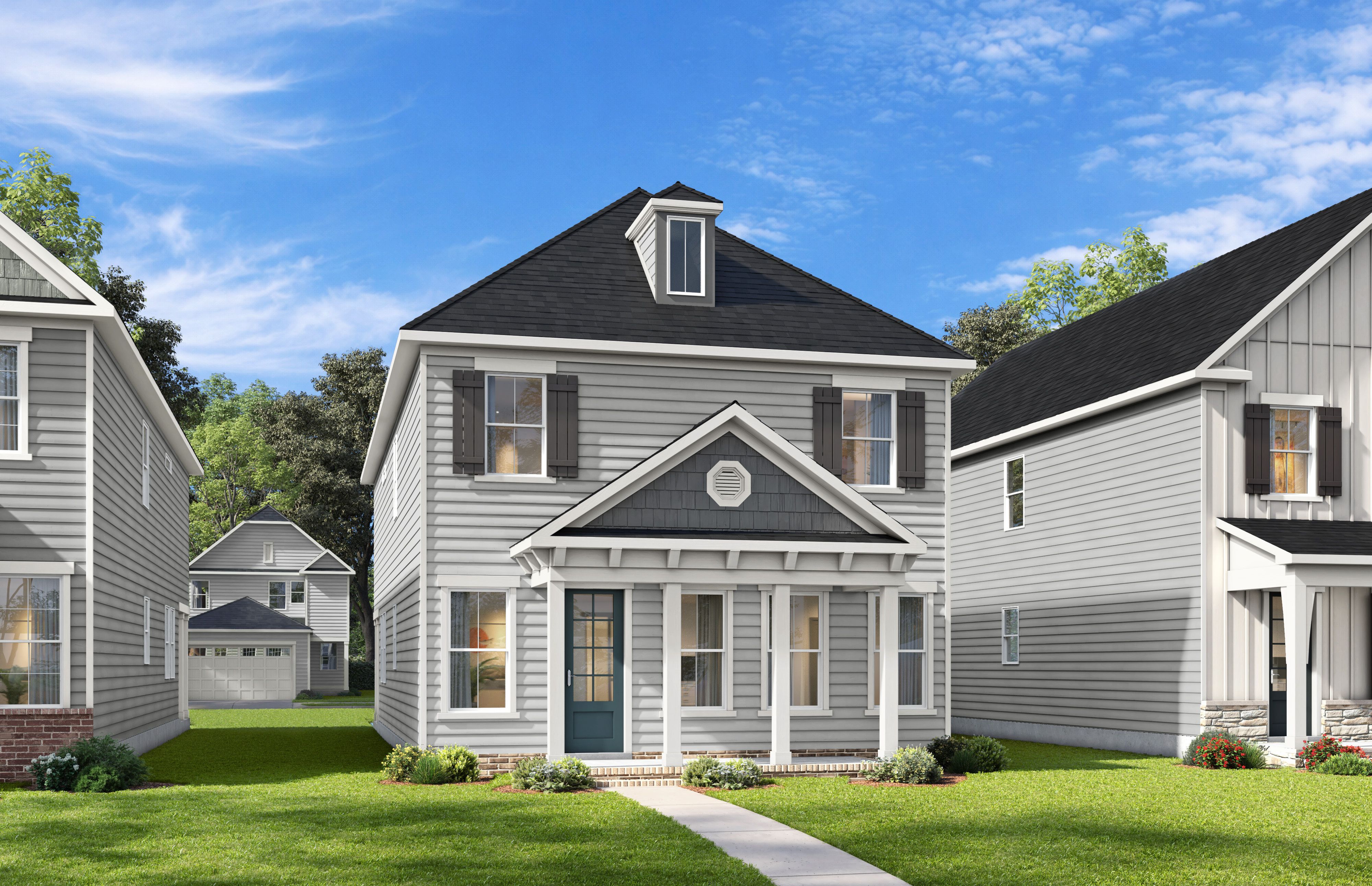 Two-story elevation of The Harris D home design in Knightdale featuring gray siding and a charming front porch.