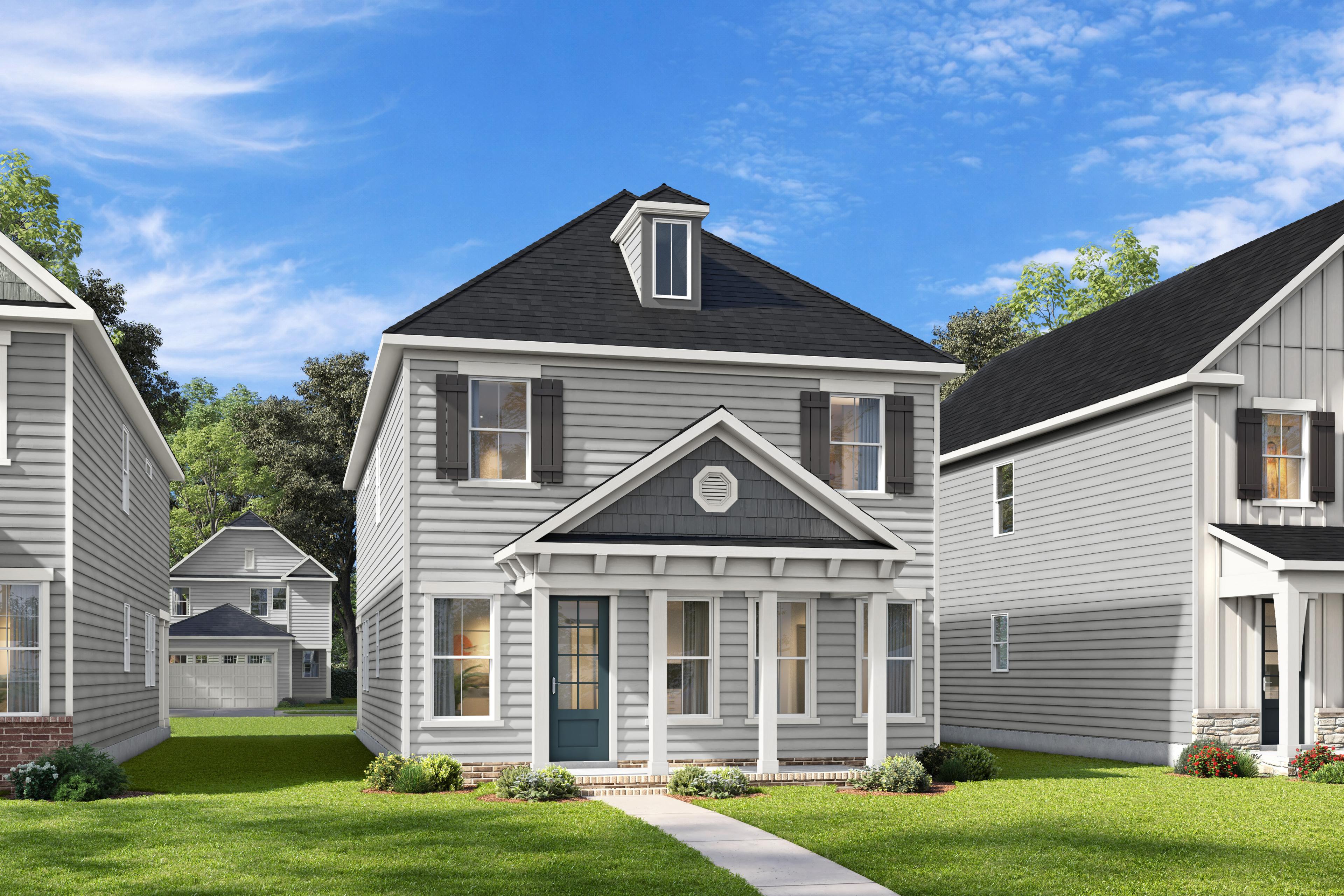 Two-story elevation of The Harris D home design in Knightdale featuring gray siding and a charming front porch.