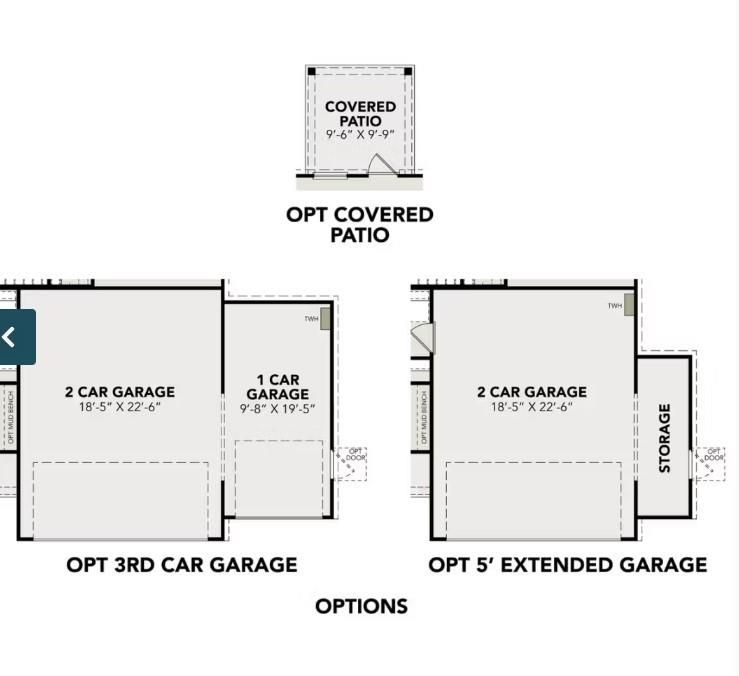 Optional covered patio and 3-car garage configurations in San Marcos F floor plan, Davidson Homes, Liberty Estates, Cleveland, Texas