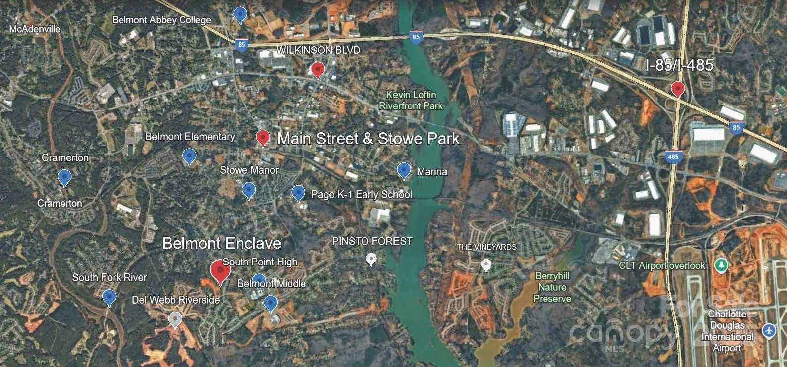 Aerial map of Enclave at Belmont neighborhood in Belmont, North Carolina, highlighting parks, schools, and highways near Davidson Homes properties