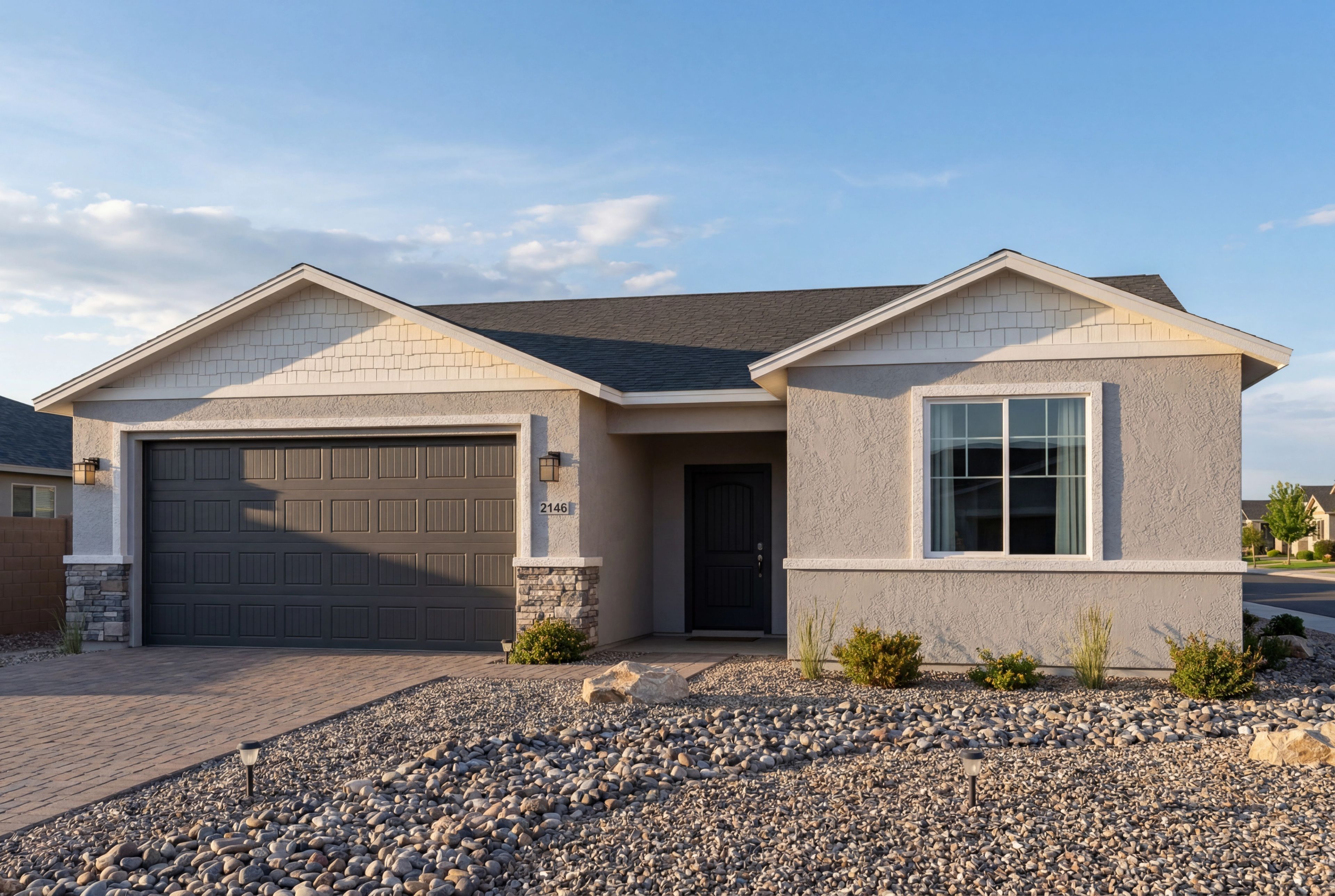 The Harmony single-story home design in Prescott Valley featuring a 3-car garage, stone accents, and desert landscaping.