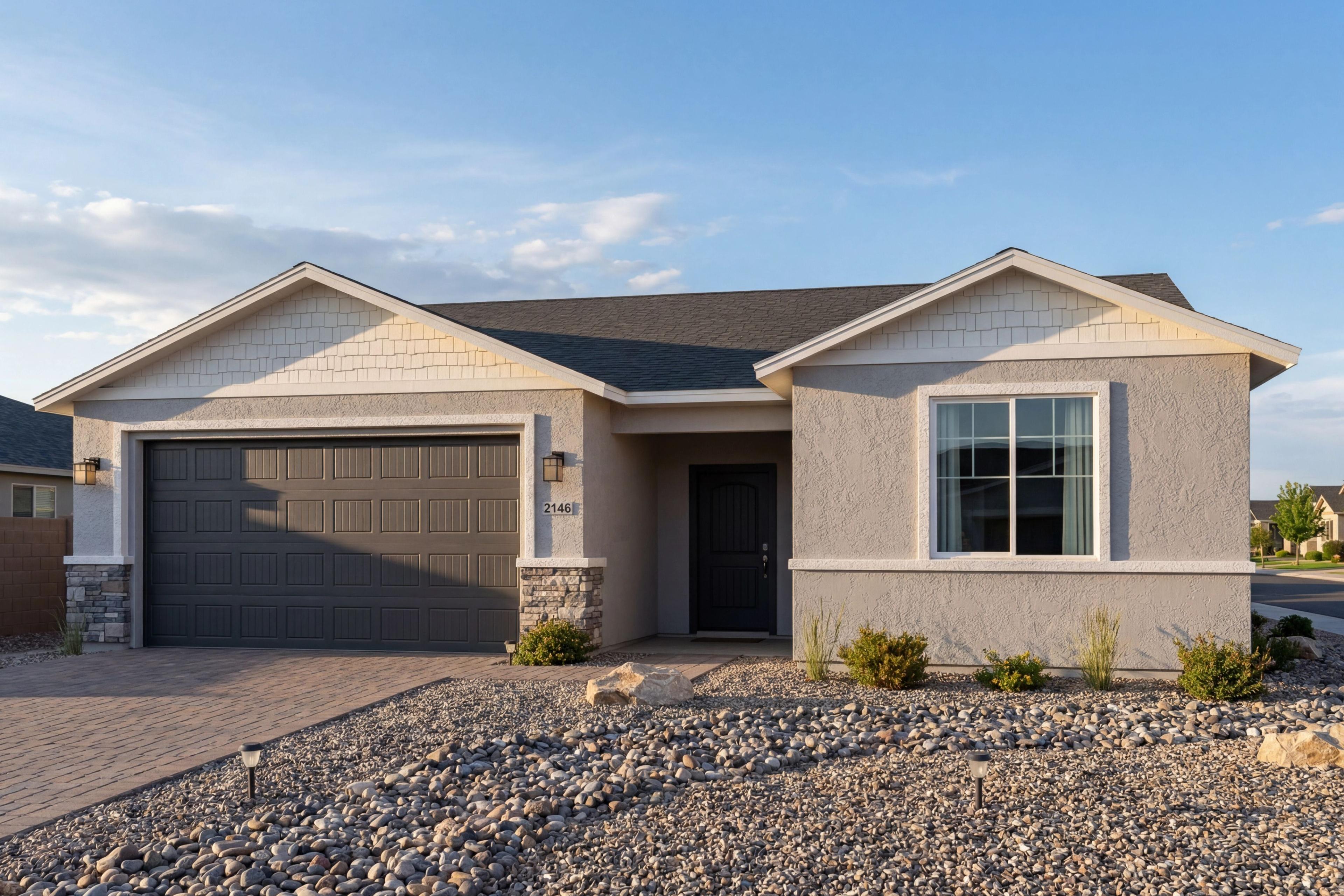 The Harmony single-story home design in Prescott Valley featuring a 3-car garage, stone accents, and desert landscaping.