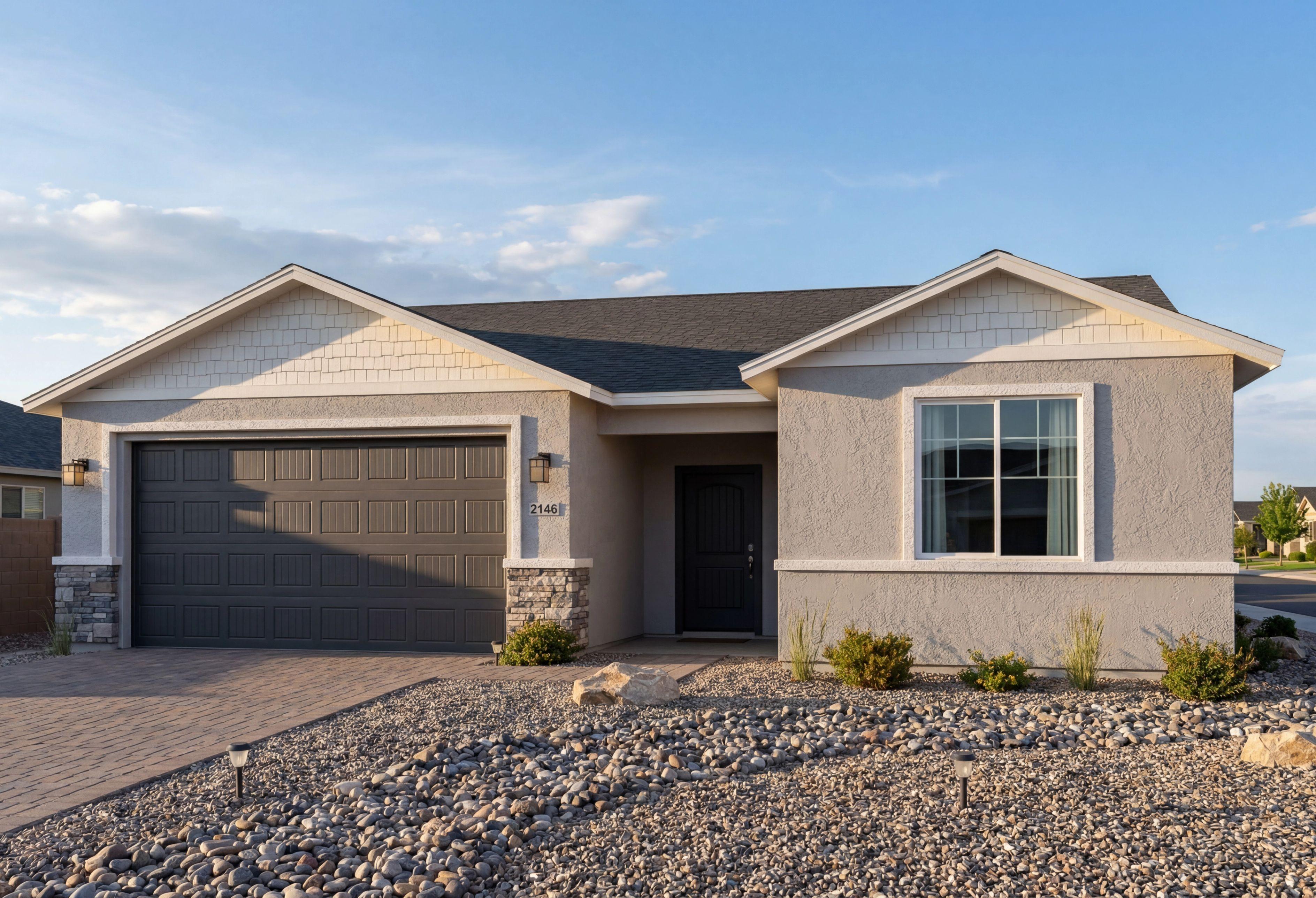 The Harmony single-story home design in Prescott Valley featuring a 3-car garage, stone accents, and desert landscaping.