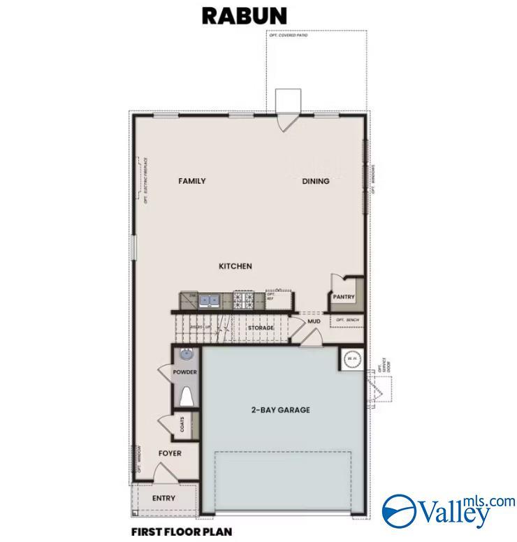First floor plan of The Rabun B by Davidson Homes in Bailey Park, featuring an open kitchen, family room, and 2-car garage.