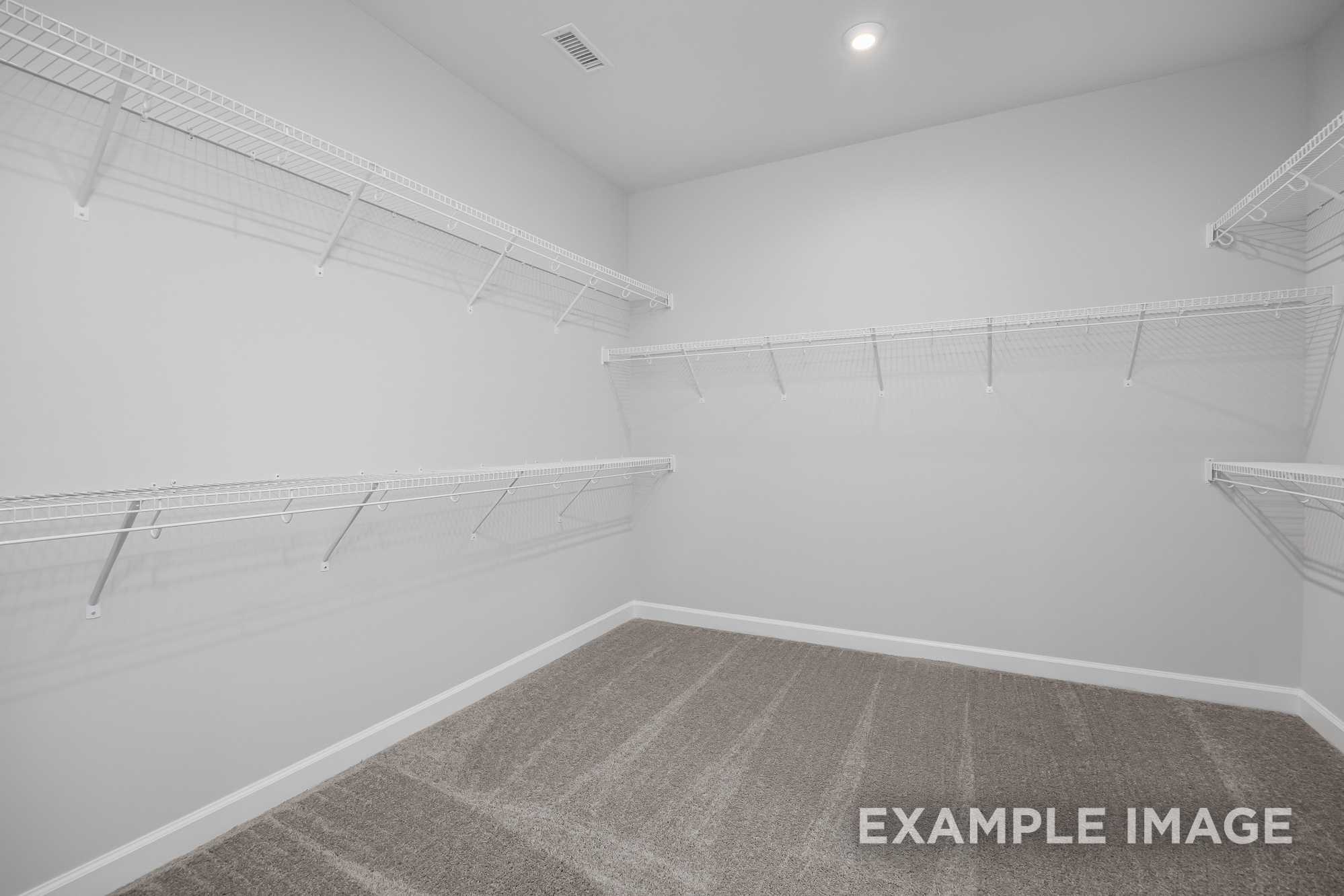 Spacious walk-in closet in The Cypress D II master suite featuring white wire shelving, neutral carpet, and soft lighting