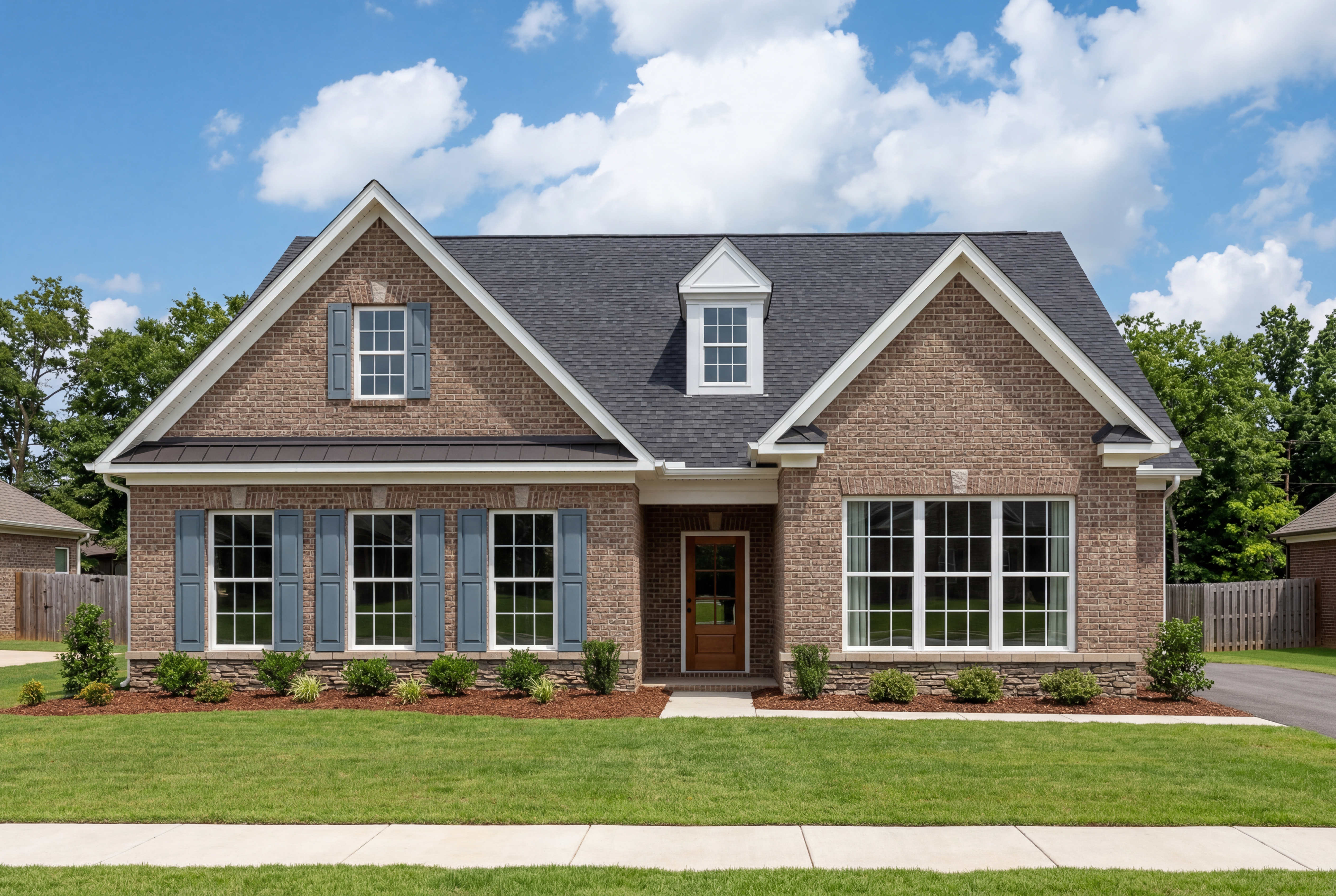 Brick exterior elevation of The Oxford featuring a steep roofline, blue shutters, and a manicured front lawn.