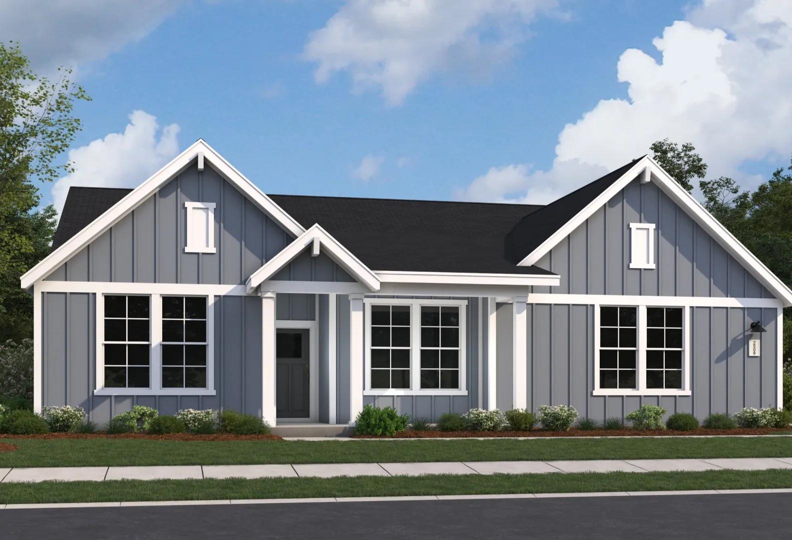 The Arcadia 4-bedroom single-story home elevation with gray board-and-batten siding, gabled roof, front porch, and lush landscaping