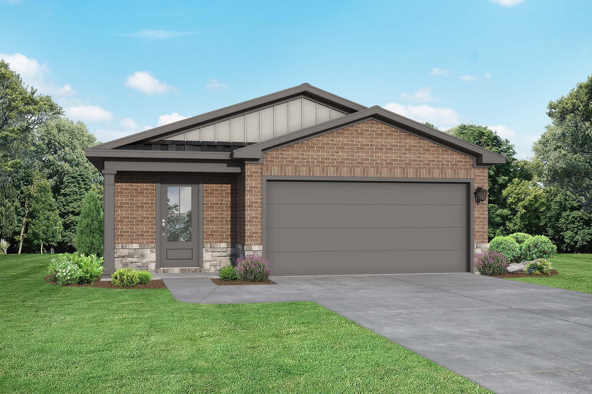 Modern 1-story brick home with 2-car garage, front landscaping, and lush green yard in Liberty Estates, Cleveland, Texas