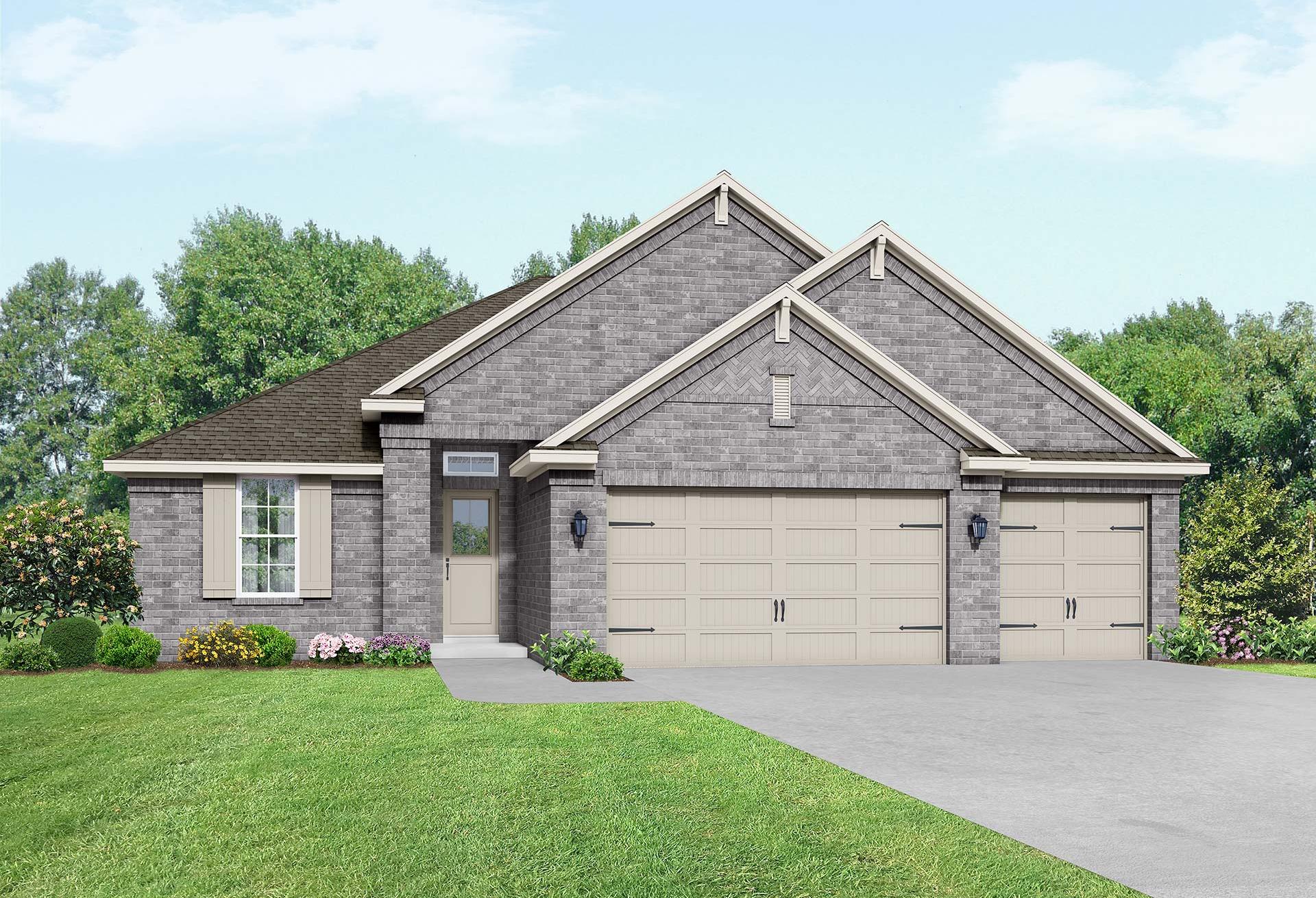 Front elevation of Elizabeth A 4-bedroom single-story home featuring gray brick siding, gabled roof, and 3-car garage