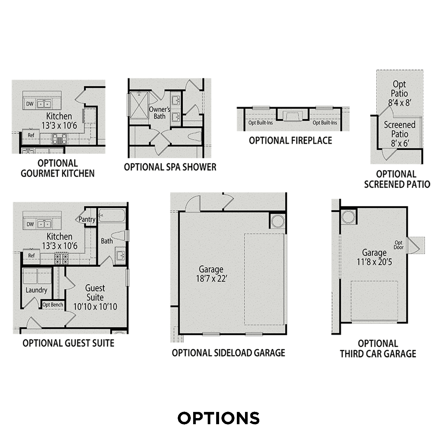The Daphne C floor plan: 1-story 3-4 bed Davidson Homes design with optional gourmet kitchen, guest suite, spa shower, screened patio, 3-car garage