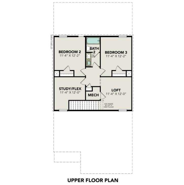 Upper floor plan for Sabine E: 2 bedrooms, 2 baths, loft, study/flex in Davidson Homes, The Villages at WestPointe, Dayton Texas