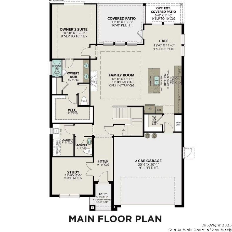 Detailed main floor plan of The Sequoia A 4-bedroom home by Davidson Homes in Horizon Pointe, Converse, Texas