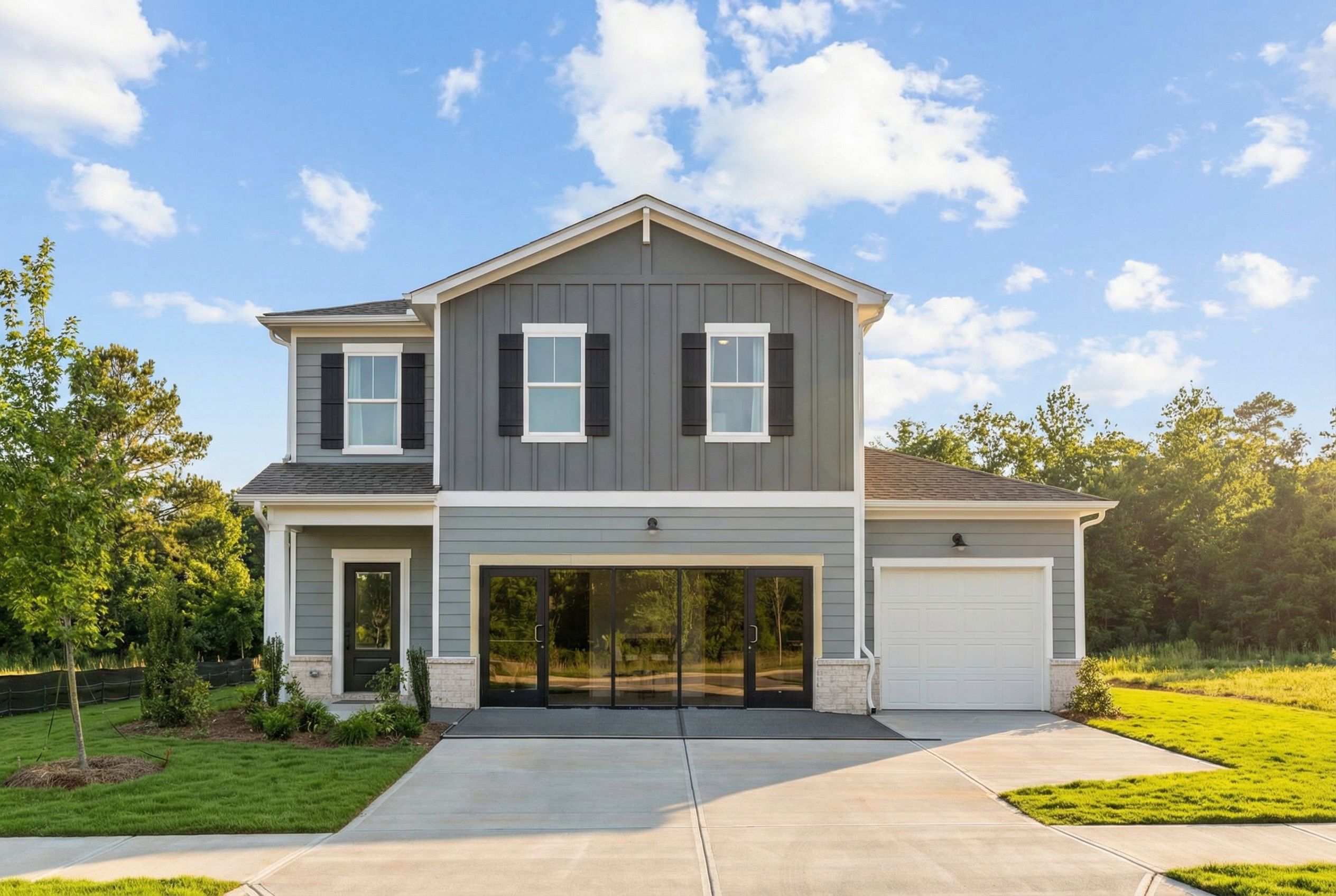 Modern two-story gray home exterior at Cedar Farms in Winder Georgia with covered entry and attached garage