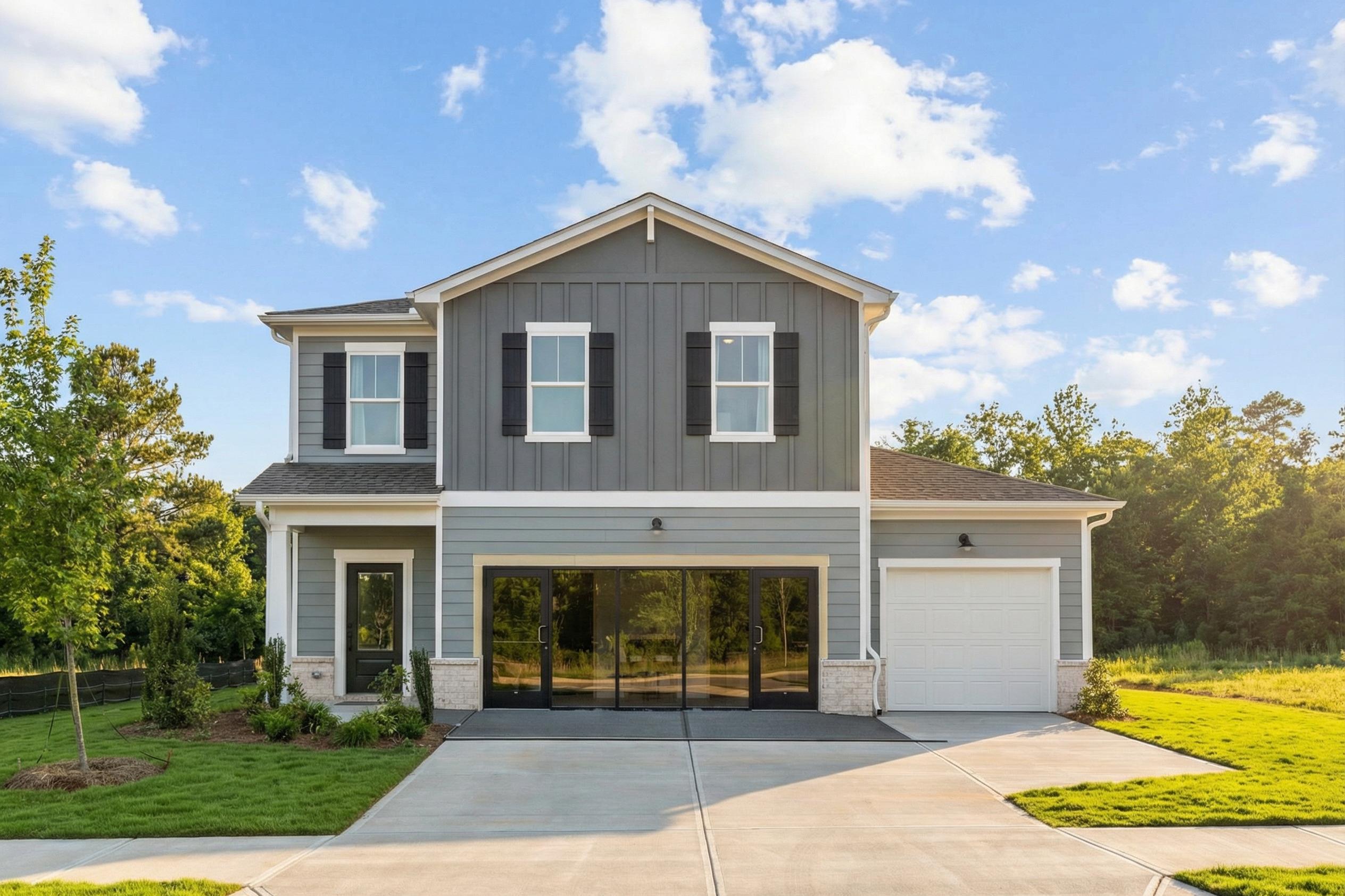 Modern two-story gray home exterior at Cedar Farms in Winder Georgia with covered entry and attached garage