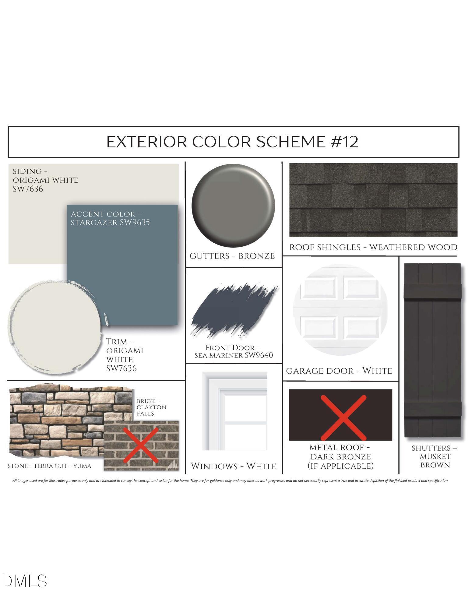 Exterior color scheme #12 board: oyster white siding, gray accents, bronze gutters, weathered wood shingles for Davidson Homes Crawford D in Raleigh, NC