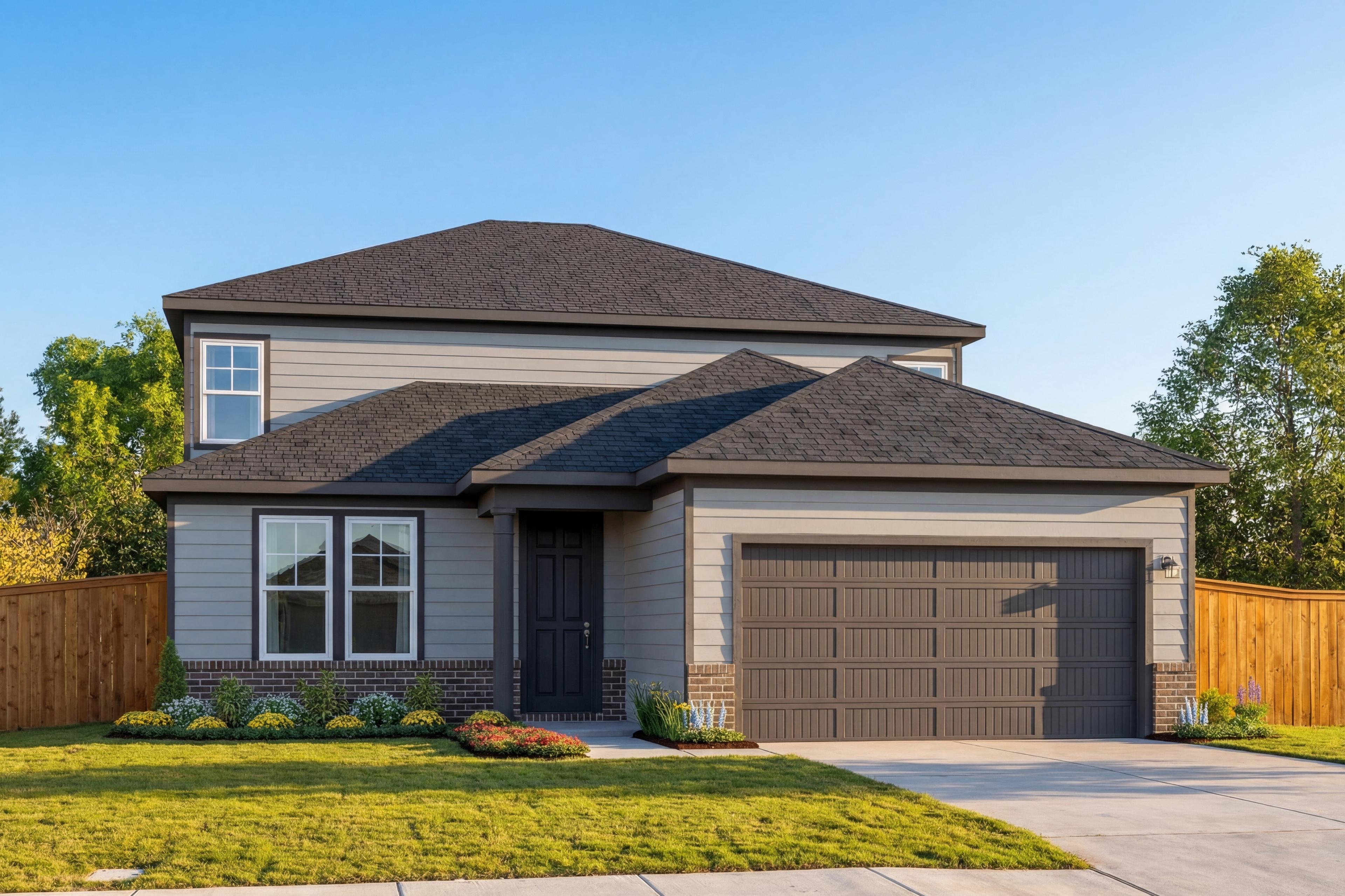 Modern two-story Douglas A home elevation with gray siding, brick accents, two-car garage, and landscaped yard in Converse Texas